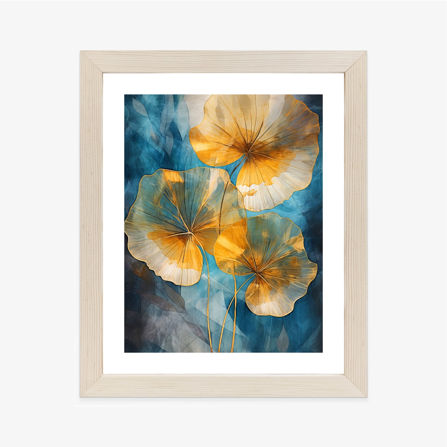 Poster Abstrakte Goldene Blätter Auf Blauem Hintergrund Rahmen Holz Mit Passepartout Farbe Natürlich