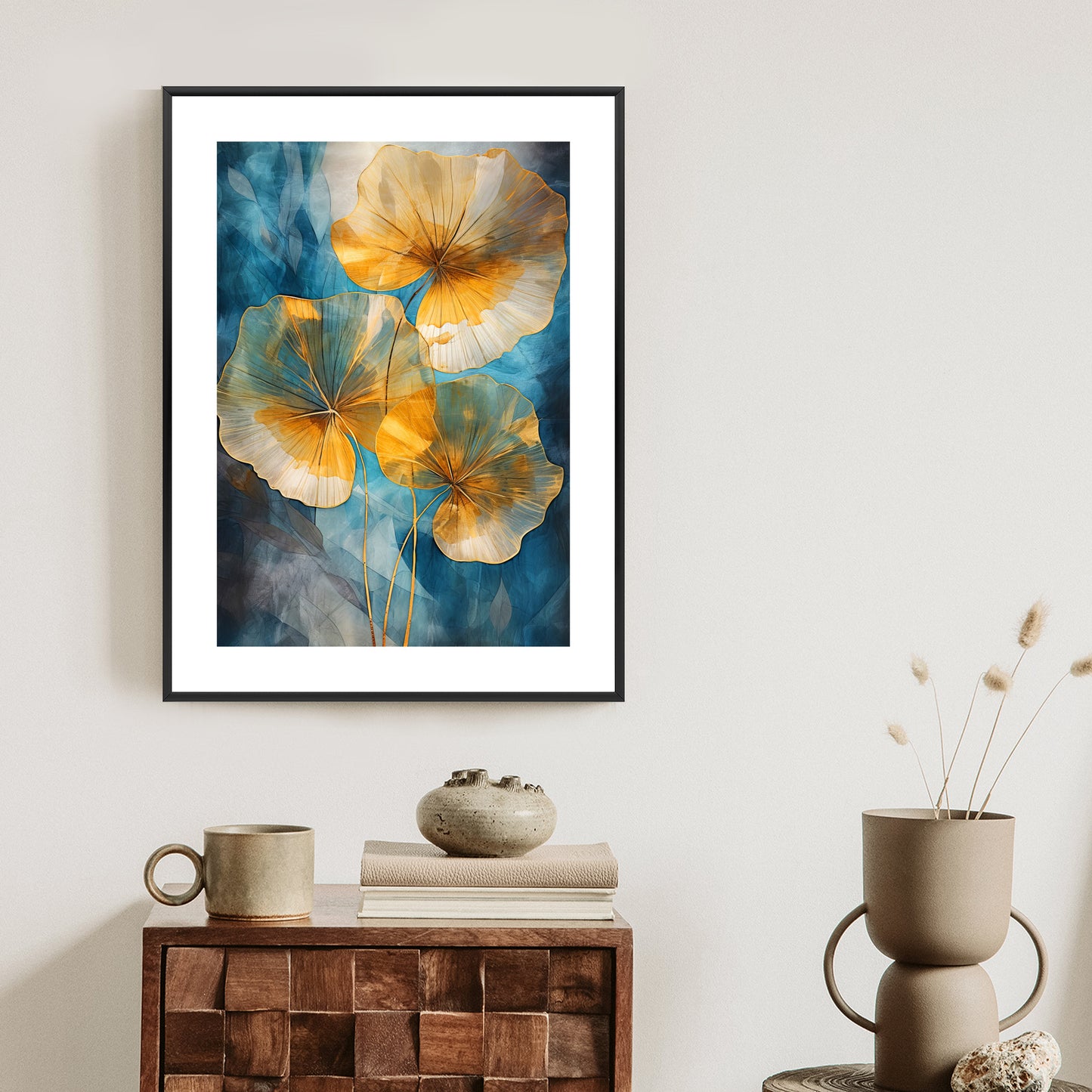Poster Abstrakte Goldene Blätter Auf Blauem Hintergrund Rahmen Holz Mit Passepartout Farbe Natürlich