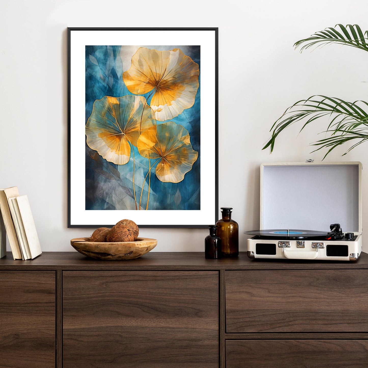 Poster Abstrakte Goldene Blätter Auf Blauem Hintergrund Rahmen Holz Mit Passepartout Farbe Natürlich