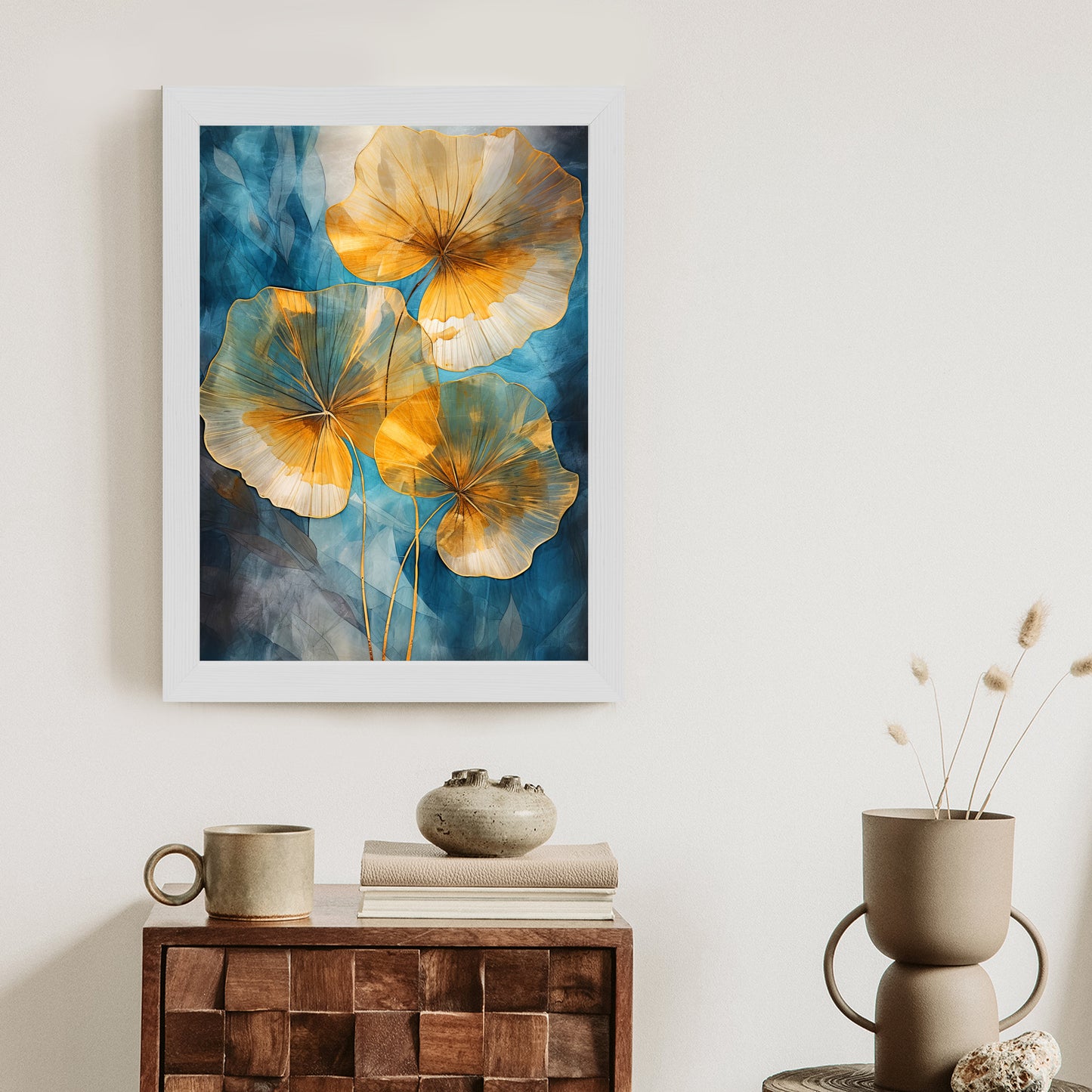 Poster Abstrakte Goldene Blätter Auf Blauem Hintergrund Rahmen Holz Mit Passepartout Farbe Natürlich