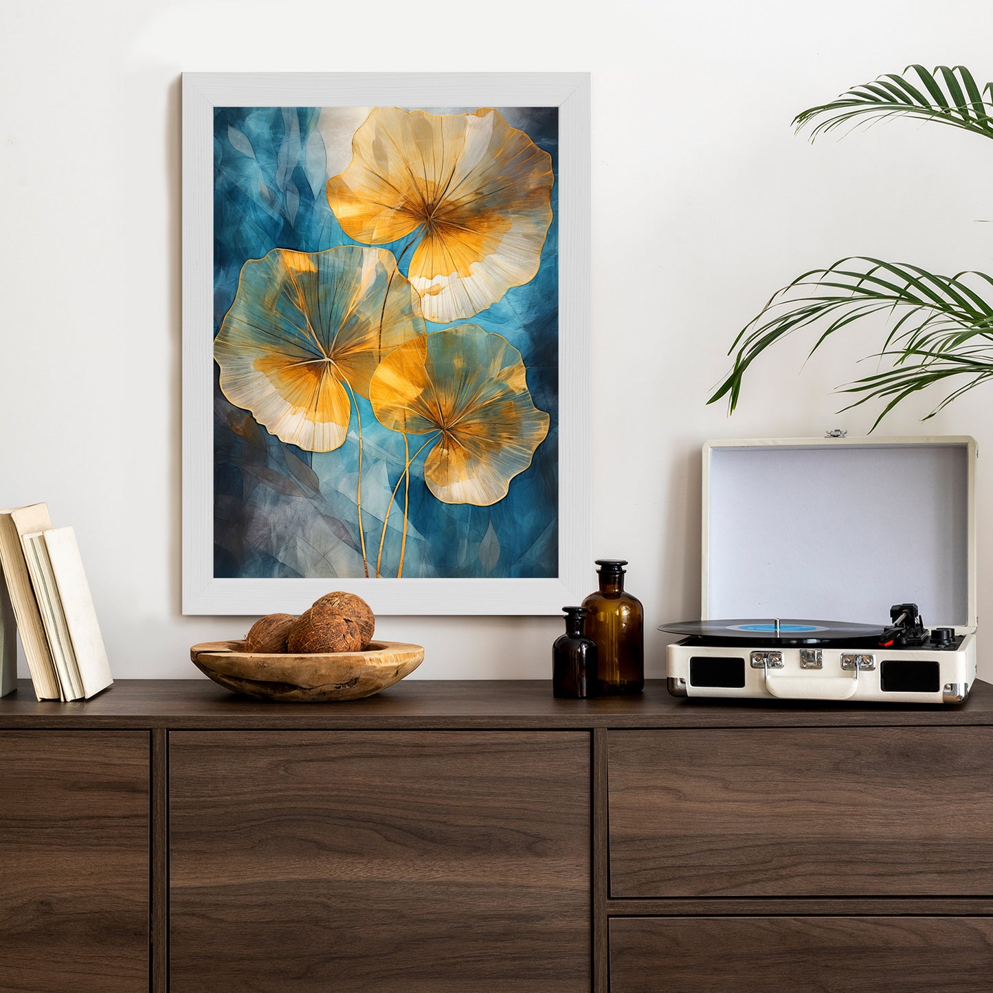 Poster Abstrakte Goldene Blätter Auf Blauem Hintergrund Rahmen Holz Mit Passepartout Farbe Natürlich