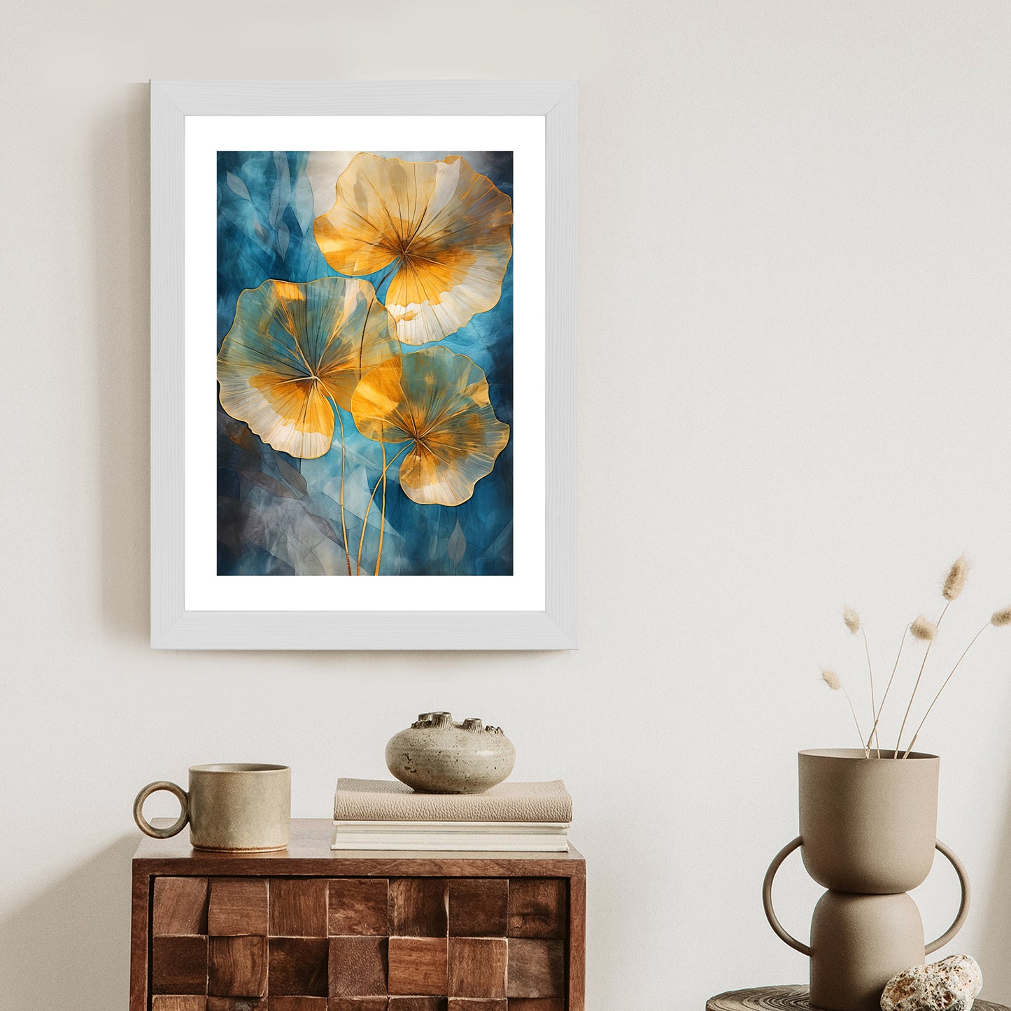 Poster Abstrakte Goldene Blätter Auf Blauem Hintergrund Rahmen Holz Mit Passepartout Farbe Natürlich
