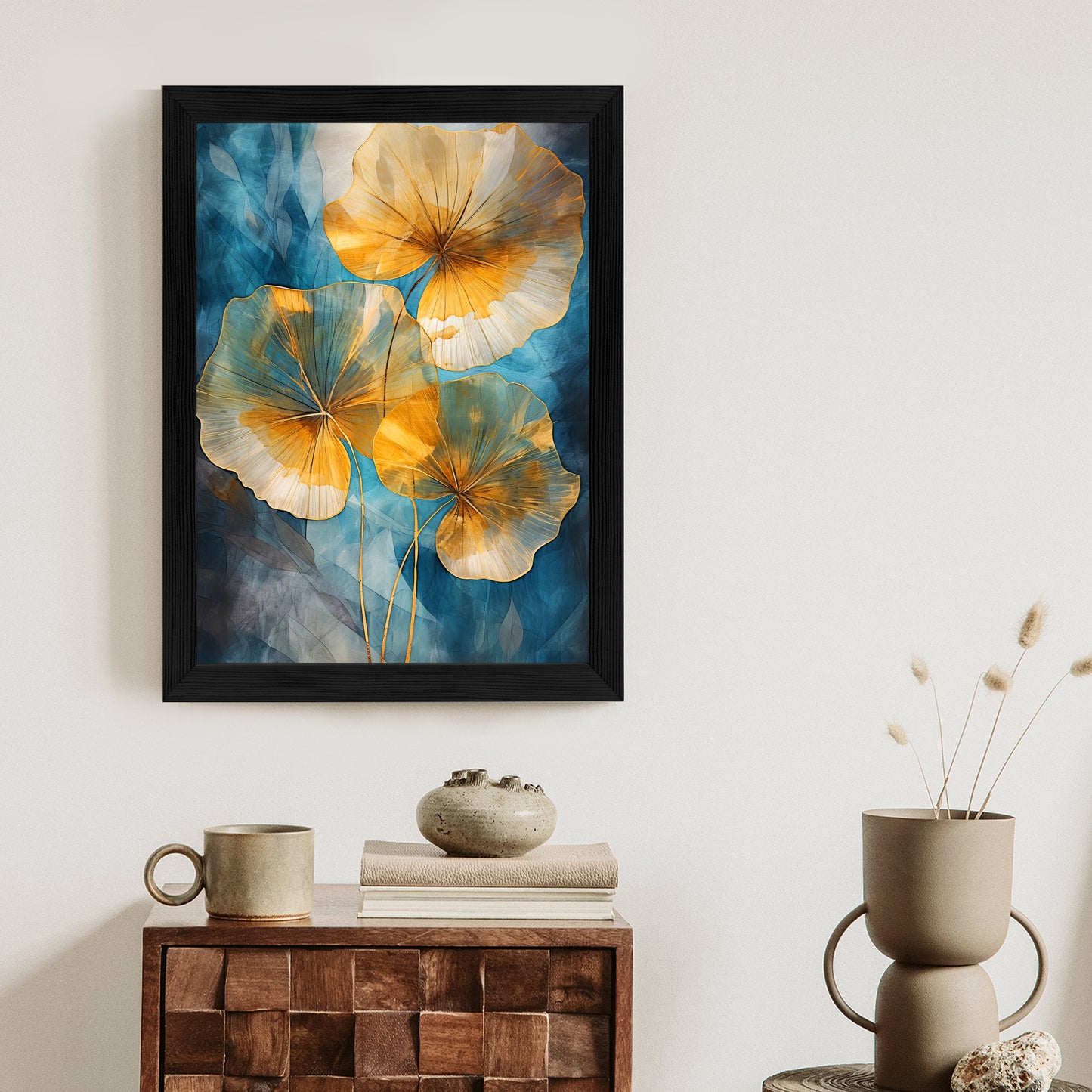 Poster Abstrakte Goldene Blätter Auf Blauem Hintergrund Rahmen Holz Mit Passepartout Farbe Natürlich