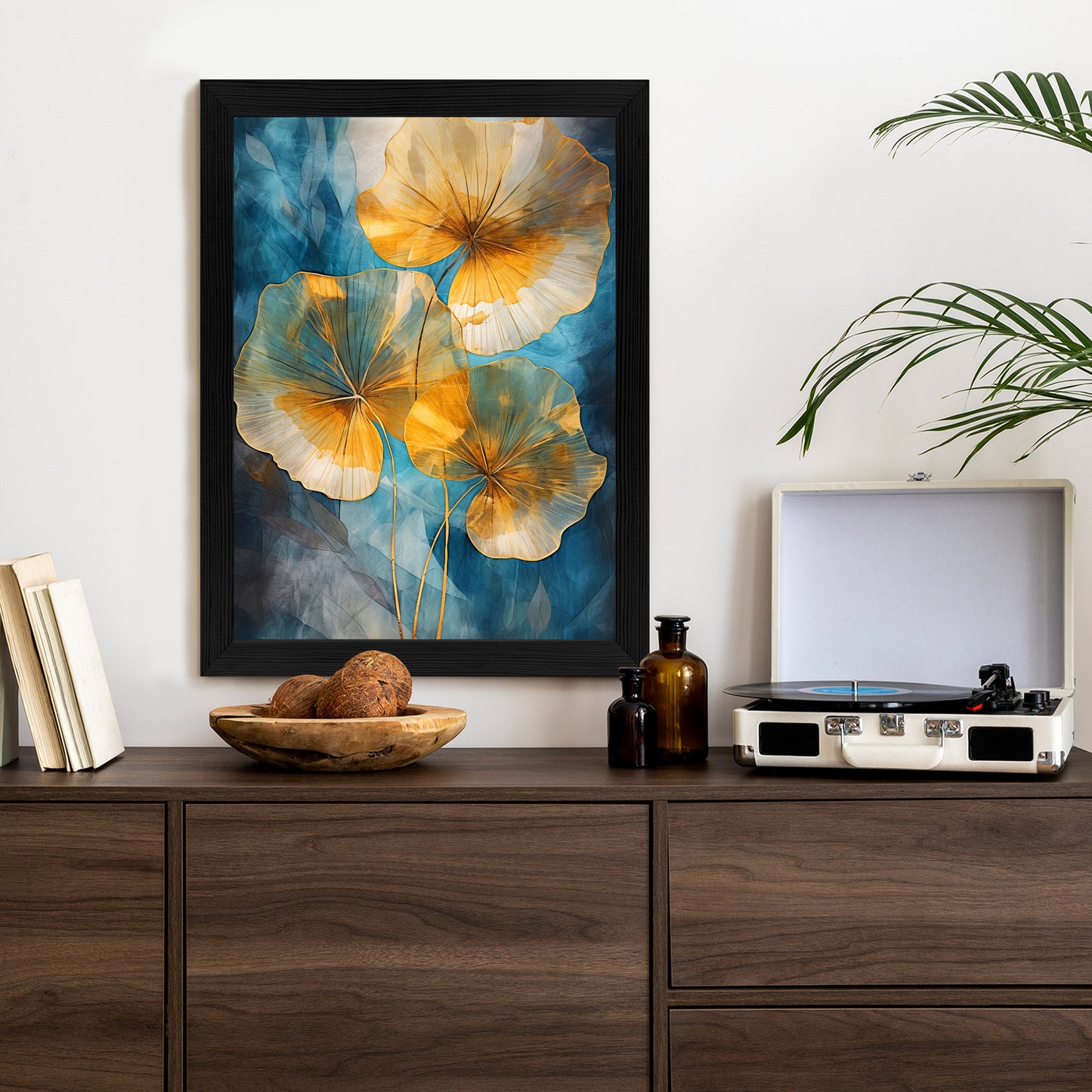 Poster Abstrakte Goldene Blätter Auf Blauem Hintergrund Rahmen Holz Mit Passepartout Farbe Natürlich