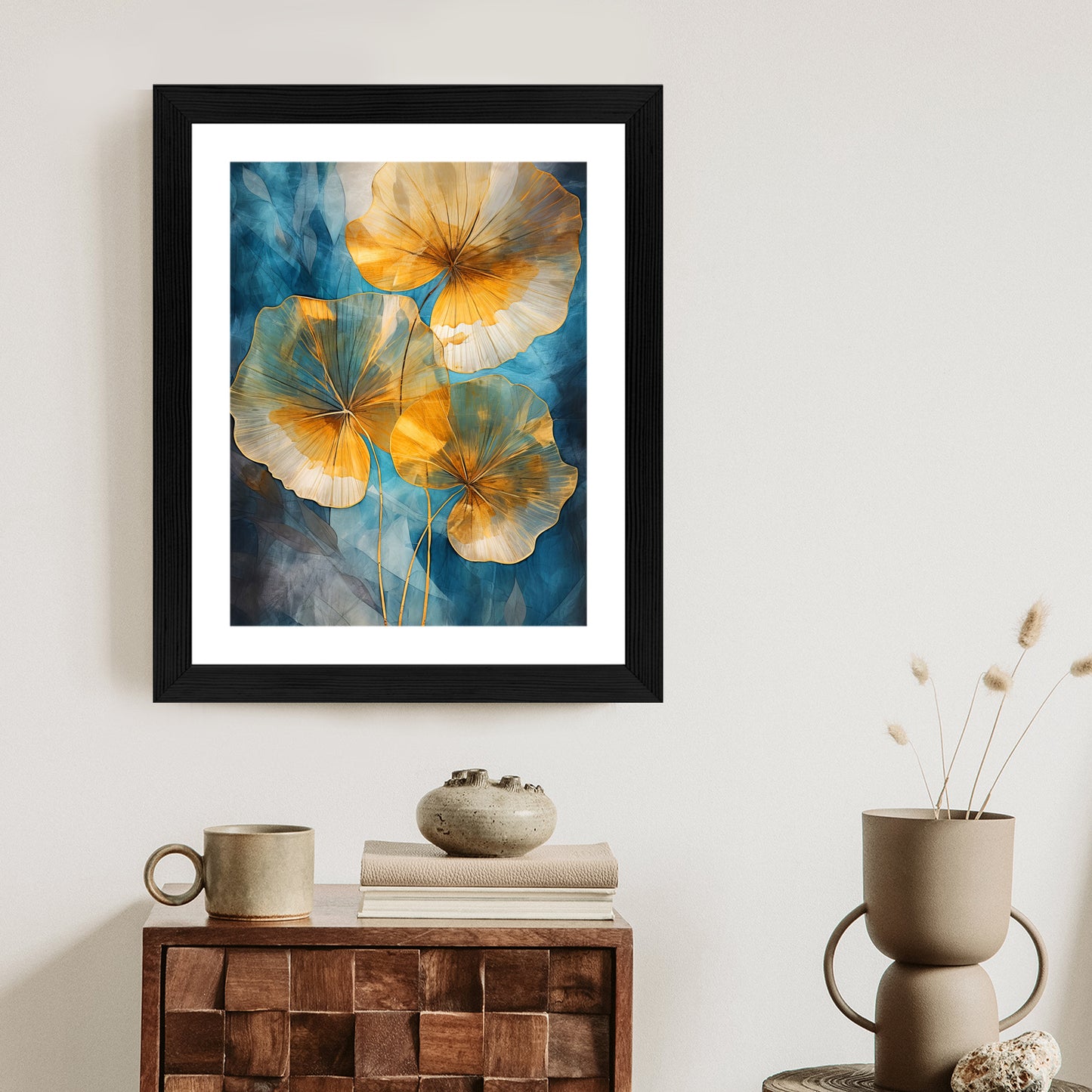 Poster Abstrakte Goldene Blätter Auf Blauem Hintergrund Rahmen Holz Mit Passepartout Farbe Natürlich