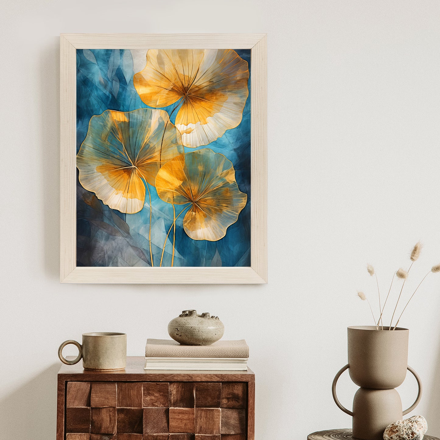 Poster Abstrakte Goldene Blätter Auf Blauem Hintergrund Rahmen Holz Mit Passepartout Farbe Natürlich