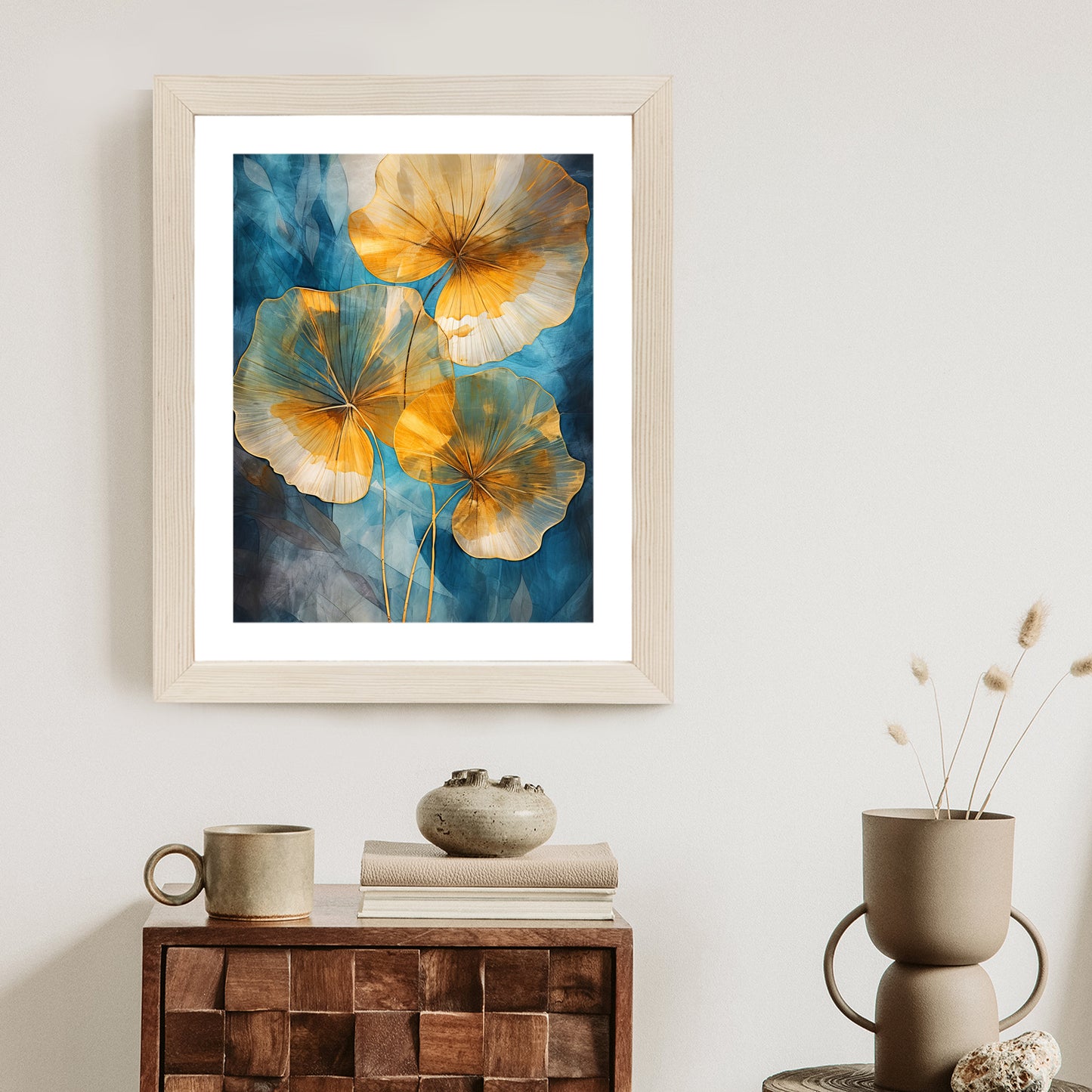 Poster Abstrakte Goldene Blätter Auf Blauem Hintergrund Rahmen Holz Mit Passepartout Farbe Natürlich