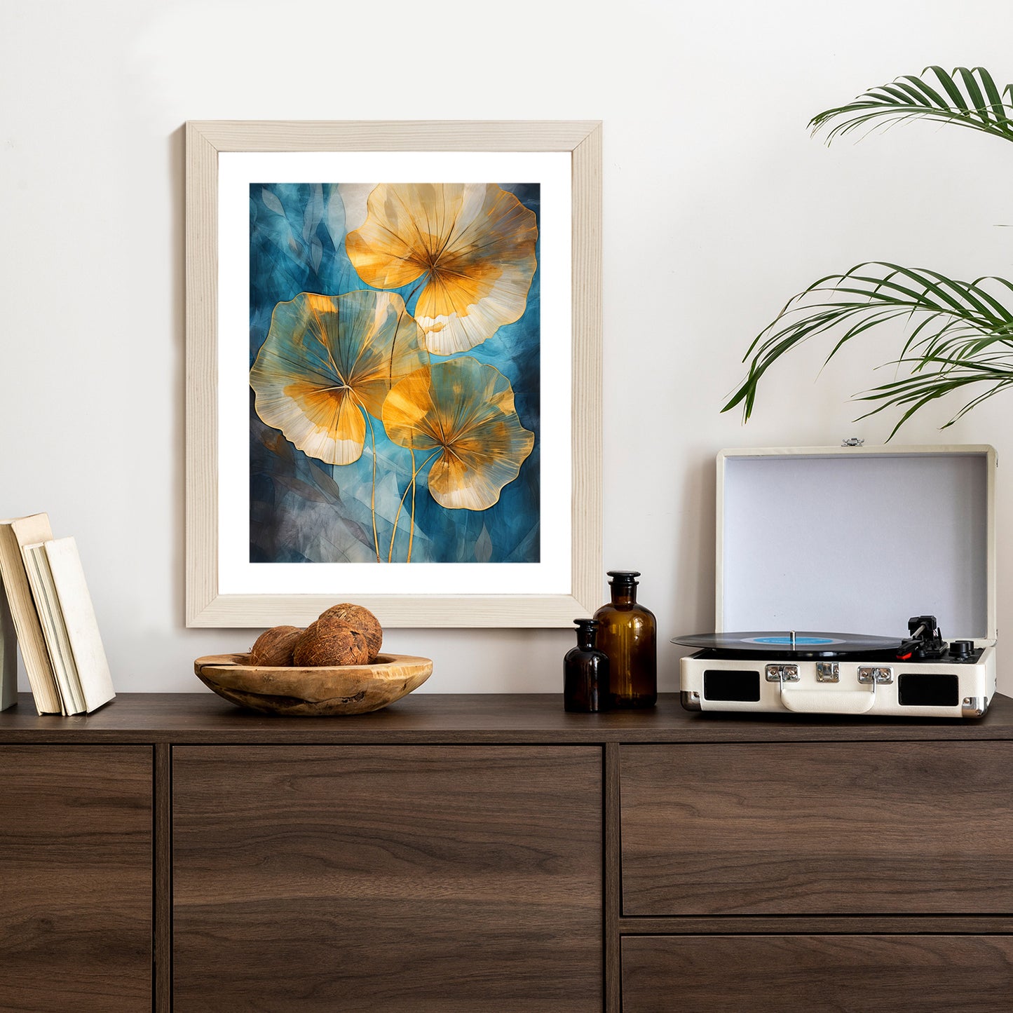 Poster Abstrakte Goldene Blätter Auf Blauem Hintergrund Rahmen Holz Mit Passepartout Farbe Natürlich