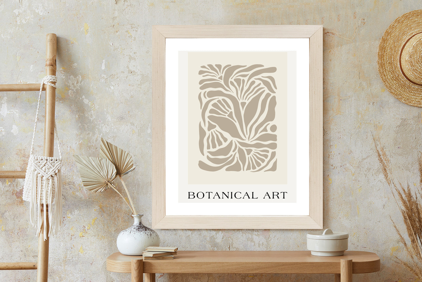 Poster Botanisches Muster Im Matisse-Stil Rahmen Holz Mit Passepartout Farbe Natürlich
