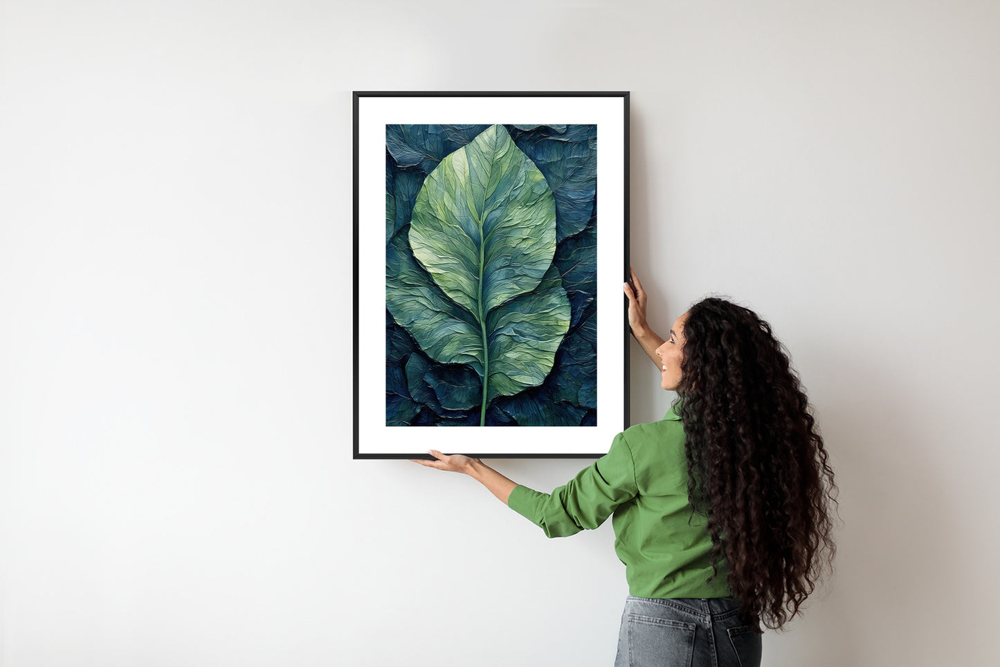 Poster Natur Abstraktes Grünes Blatt Rahmen Holz Mit Passepartout Farbe Natürlich