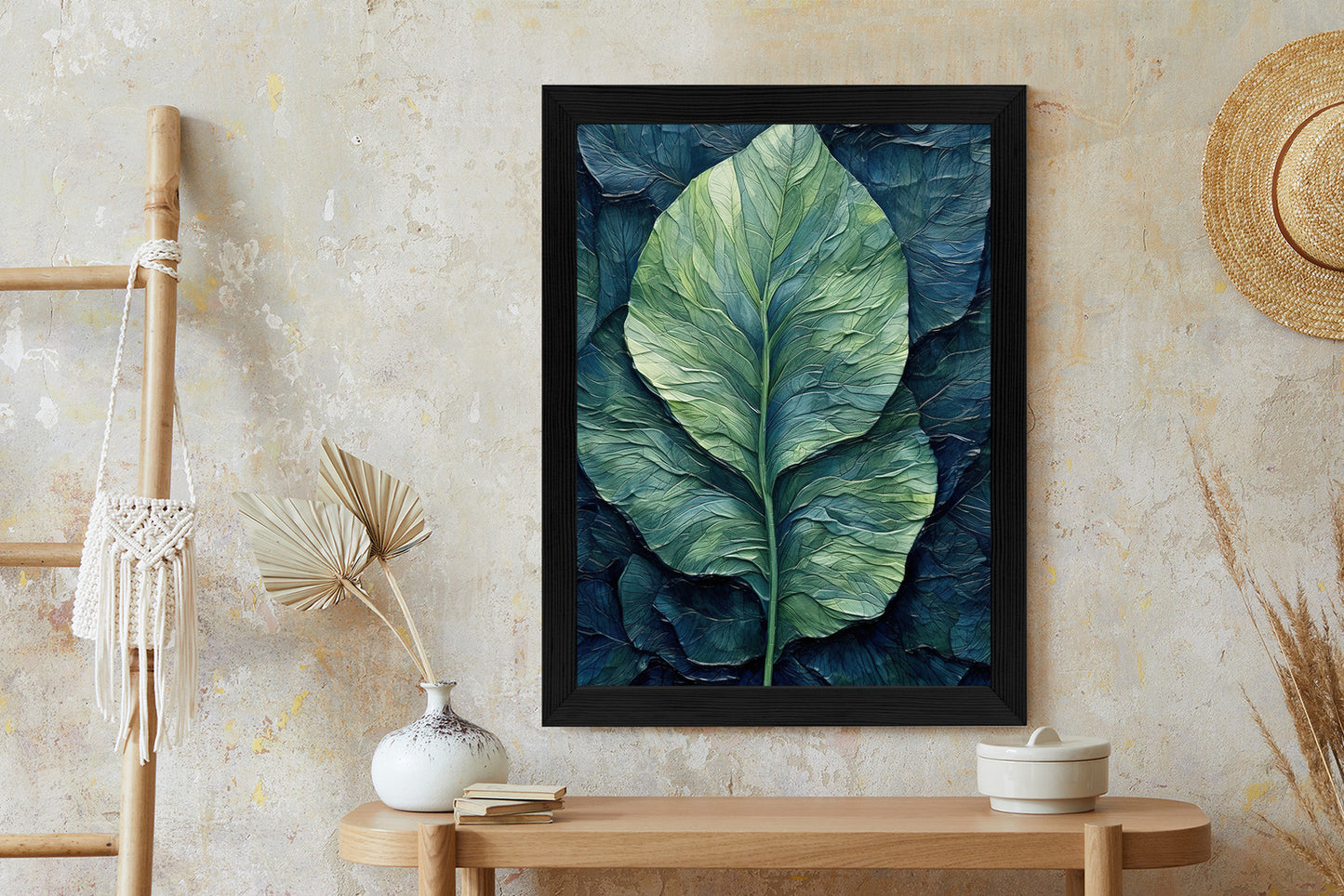 Poster Natur Abstraktes Grünes Blatt Rahmen Holz Mit Passepartout Farbe Natürlich