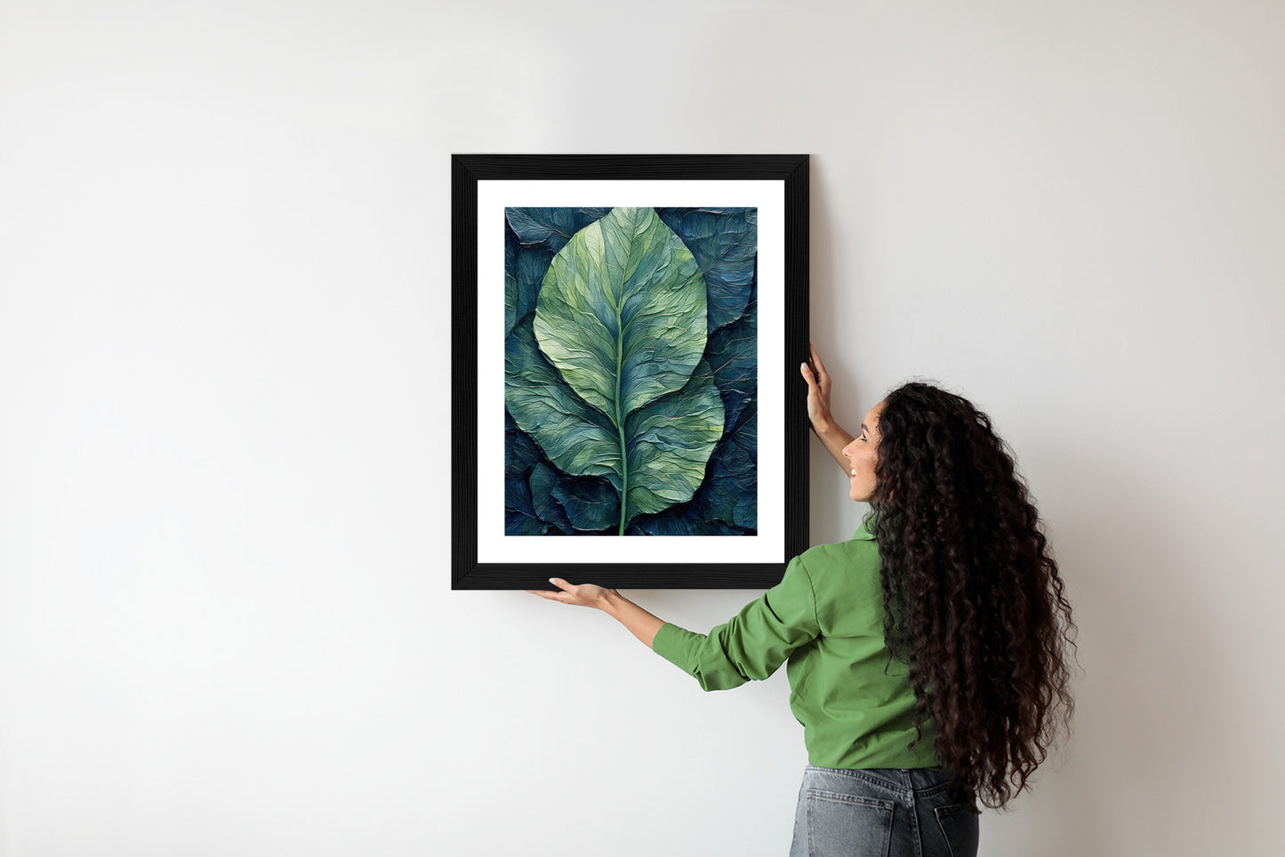 Poster Natur Abstraktes Grünes Blatt Rahmen Holz Mit Passepartout Farbe Natürlich