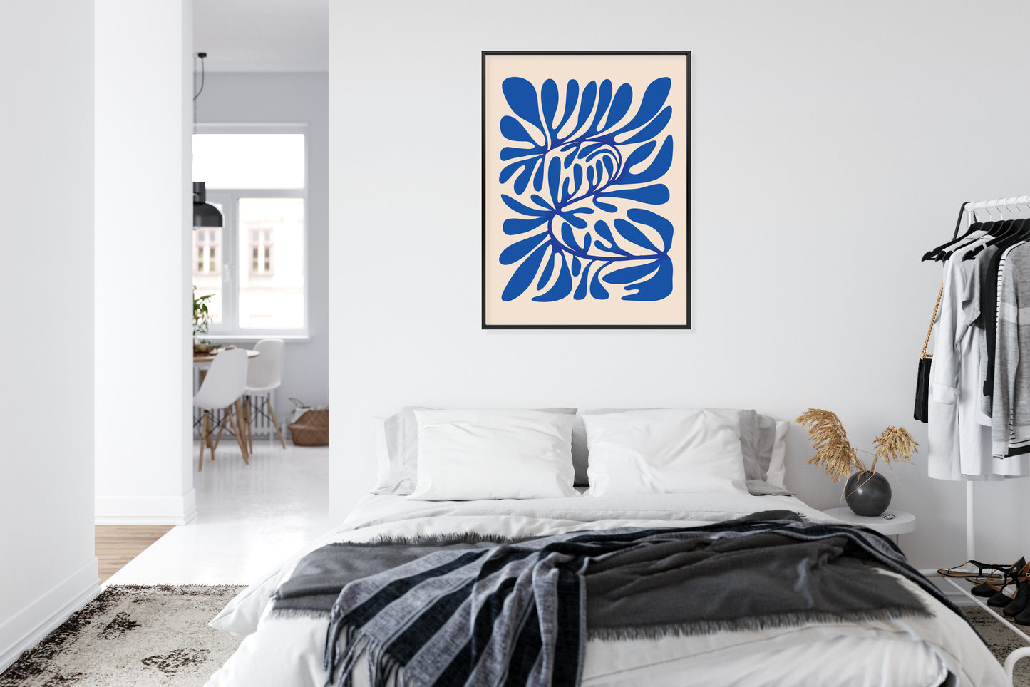 Poster Minimalistisches Blaues Pflanzenmuster Rahmen Holz Mit Passepartout Farbe Natürlich