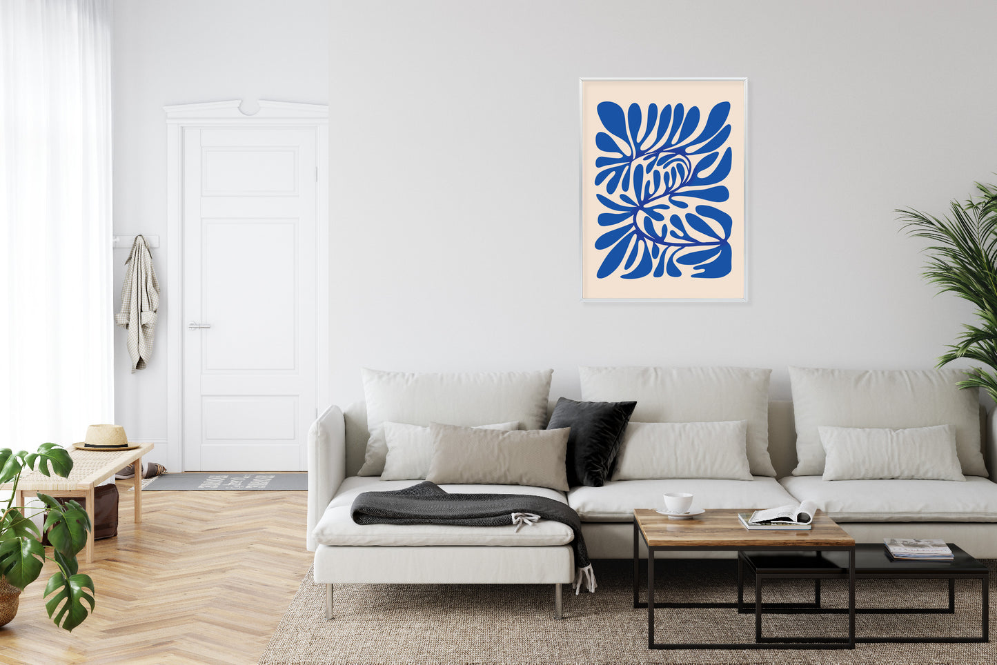 Poster Minimalistisches Blaues Pflanzenmuster Rahmen Holz Mit Passepartout Farbe Natürlich