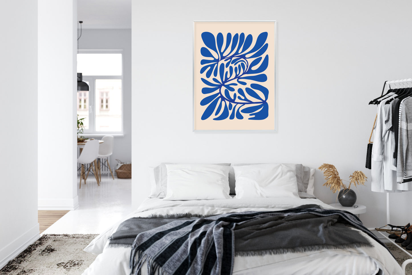 Poster Minimalistisches Blaues Pflanzenmuster Rahmen Holz Mit Passepartout Farbe Natürlich