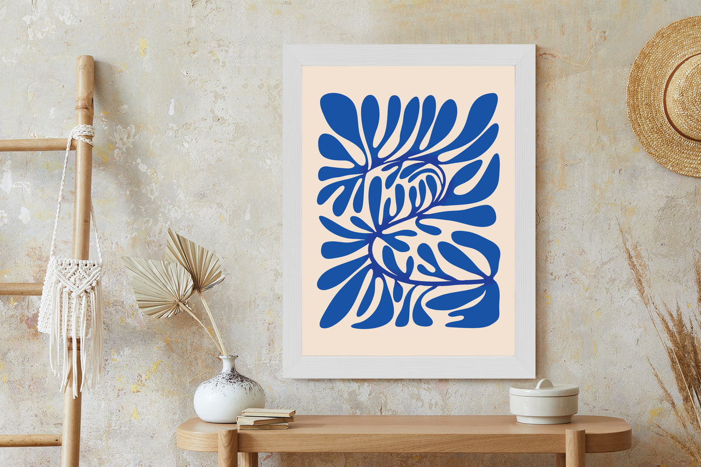 Poster Minimalistisches Blaues Pflanzenmuster Rahmen Holz Mit Passepartout Farbe Natürlich