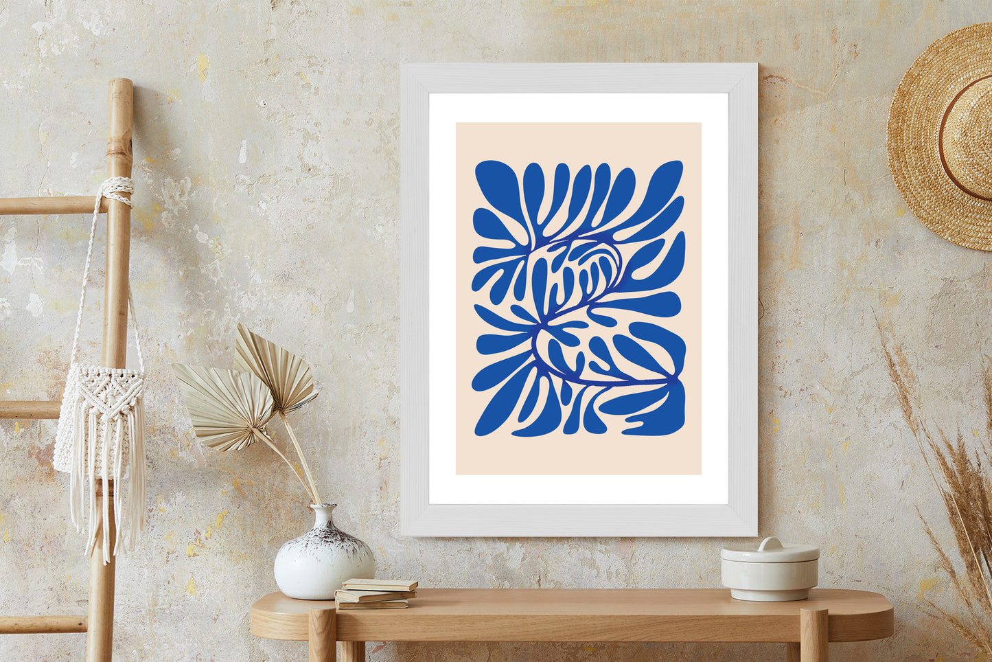 Poster Minimalistisches Blaues Pflanzenmuster Rahmen Holz Mit Passepartout Farbe Natürlich