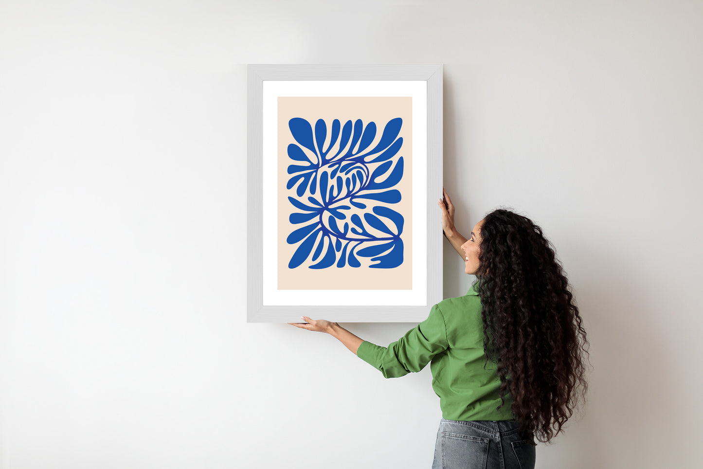Poster Minimalistisches Blaues Pflanzenmuster Rahmen Holz Mit Passepartout Farbe Natürlich