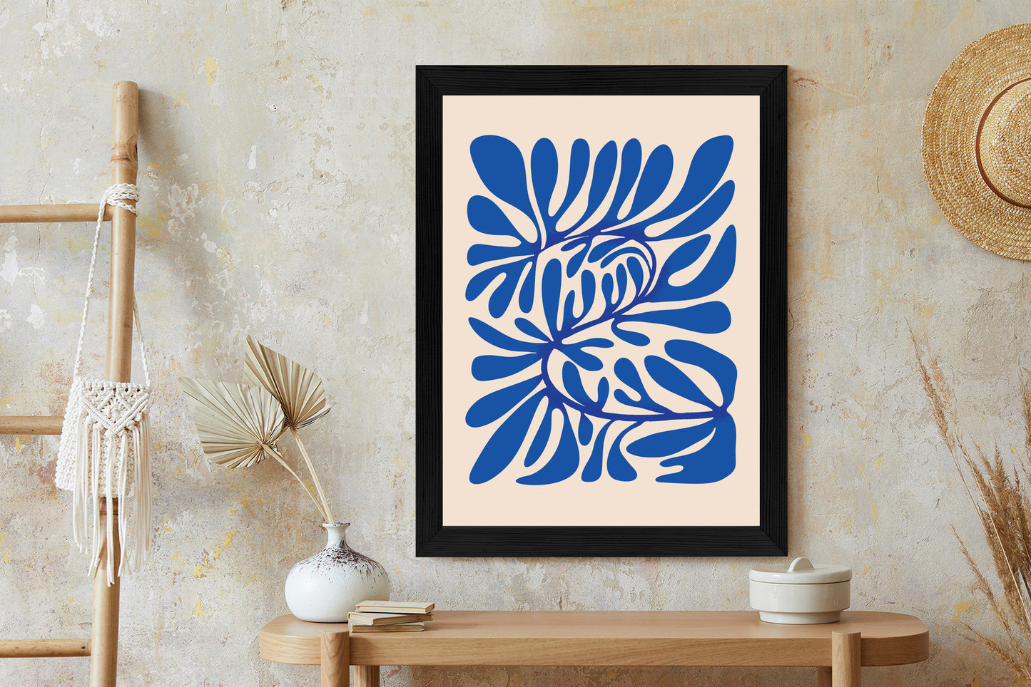 Poster Minimalistisches Blaues Pflanzenmuster Rahmen Holz Mit Passepartout Farbe Natürlich