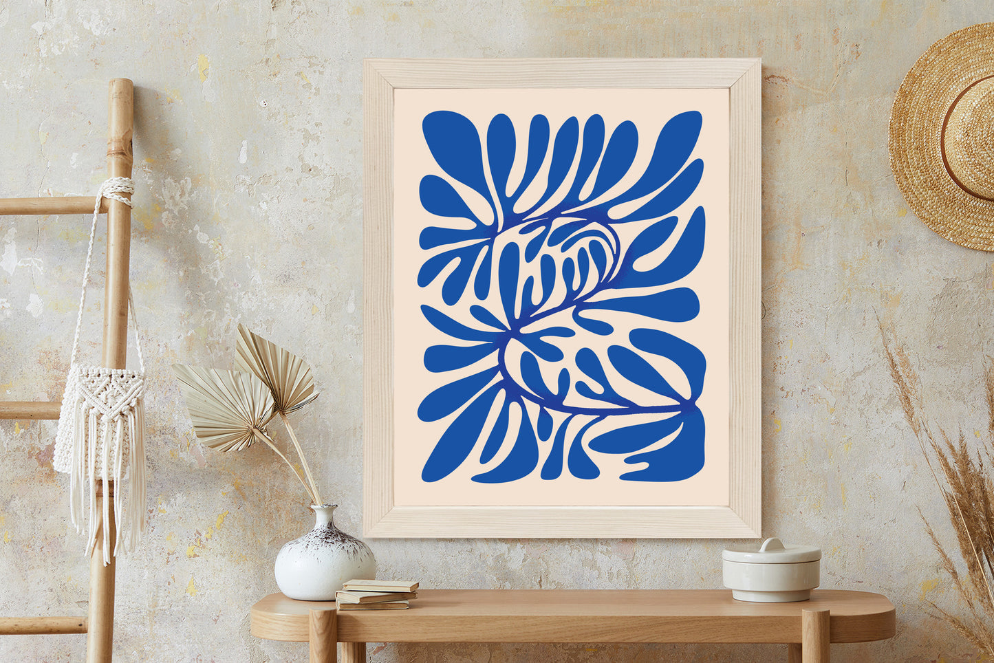 Poster Minimalistisches Blaues Pflanzenmuster Rahmen Holz Mit Passepartout Farbe Natürlich