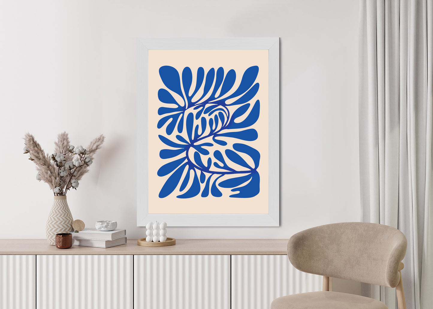 Poster Minimalistisches Blaues Pflanzenmuster Rahmen Holz Mit Passepartout Farbe Natürlich