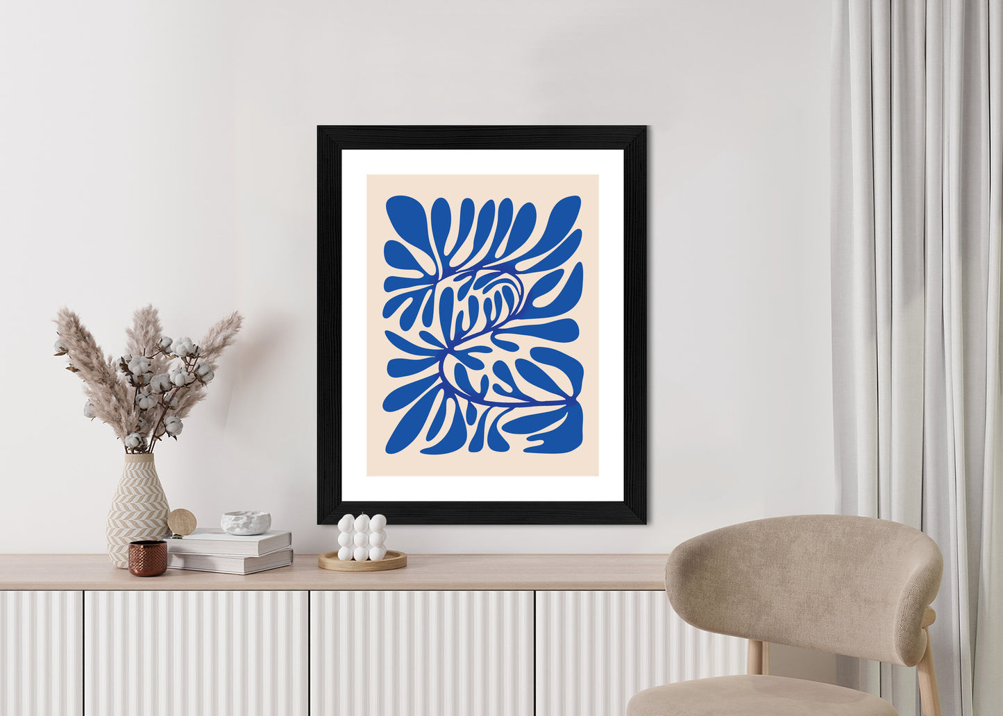 Poster Minimalistisches Blaues Pflanzenmuster Rahmen Holz Mit Passepartout Farbe Natürlich
