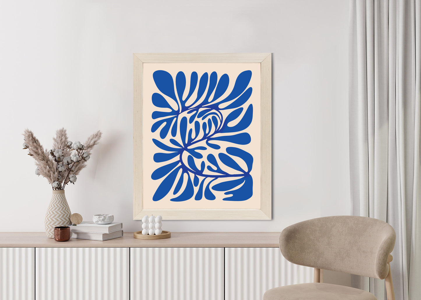 Poster Minimalistisches Blaues Pflanzenmuster Rahmen Holz Mit Passepartout Farbe Natürlich