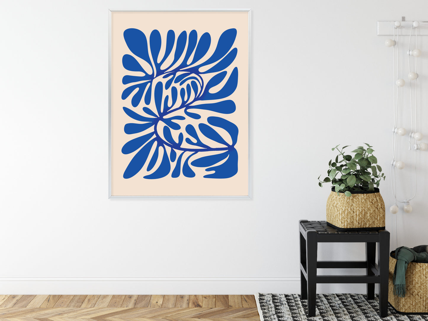 Poster Minimalistisches Blaues Pflanzenmuster Rahmen Holz Mit Passepartout Farbe Natürlich