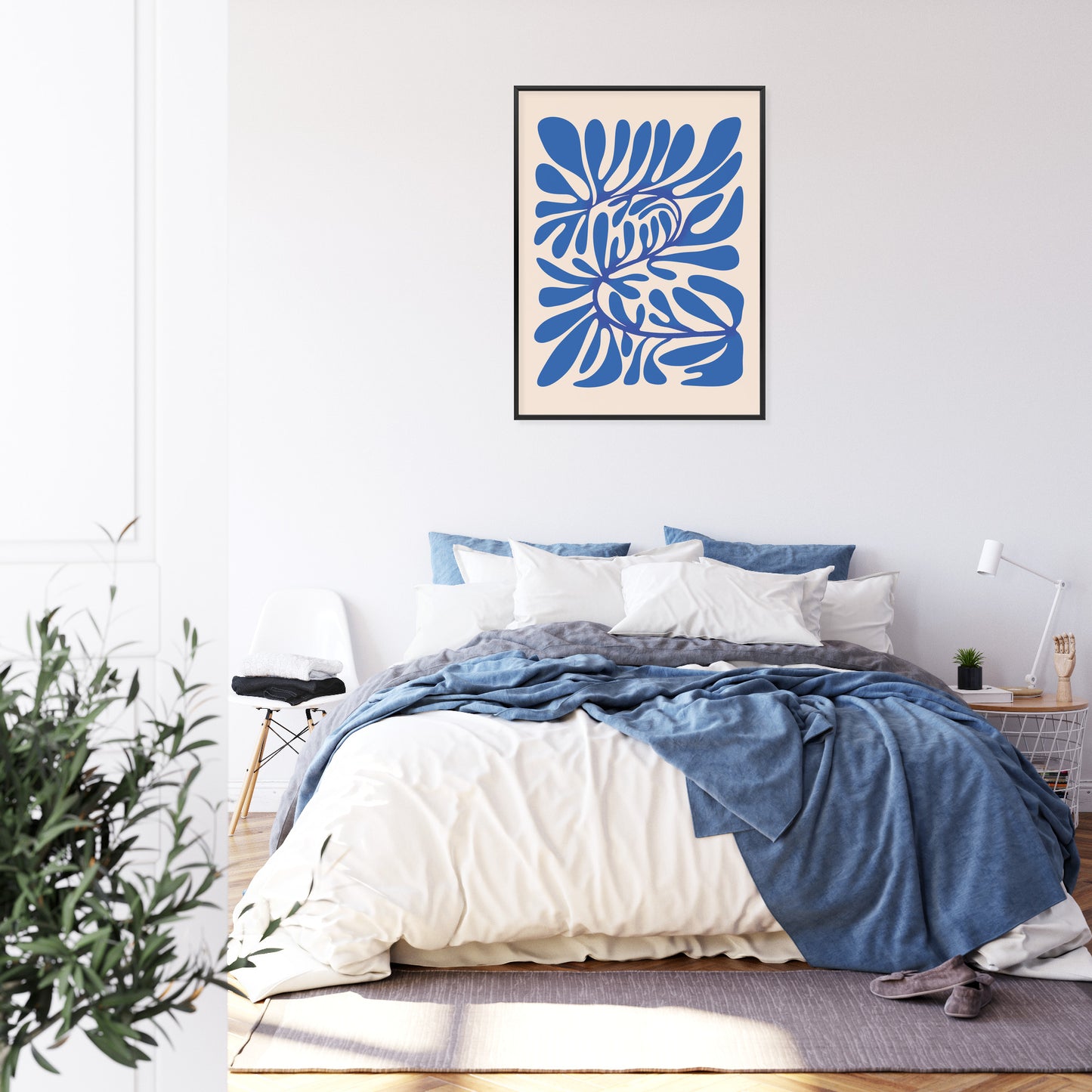 Poster Minimalistisches Blaues Pflanzenmuster Rahmen Holz Mit Passepartout Farbe Natürlich