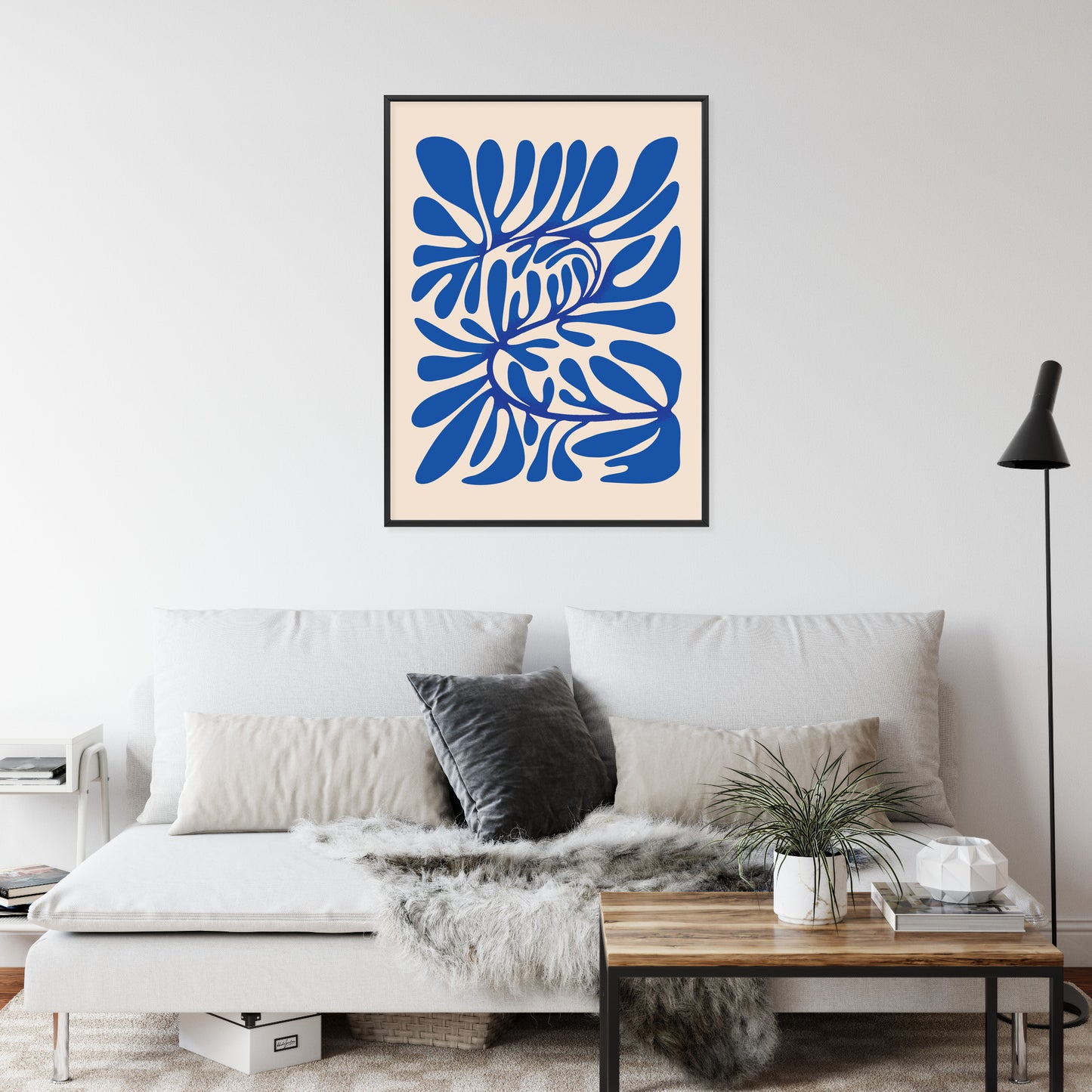 Poster Minimalistisches Blaues Pflanzenmuster Rahmen Holz Mit Passepartout Farbe Natürlich