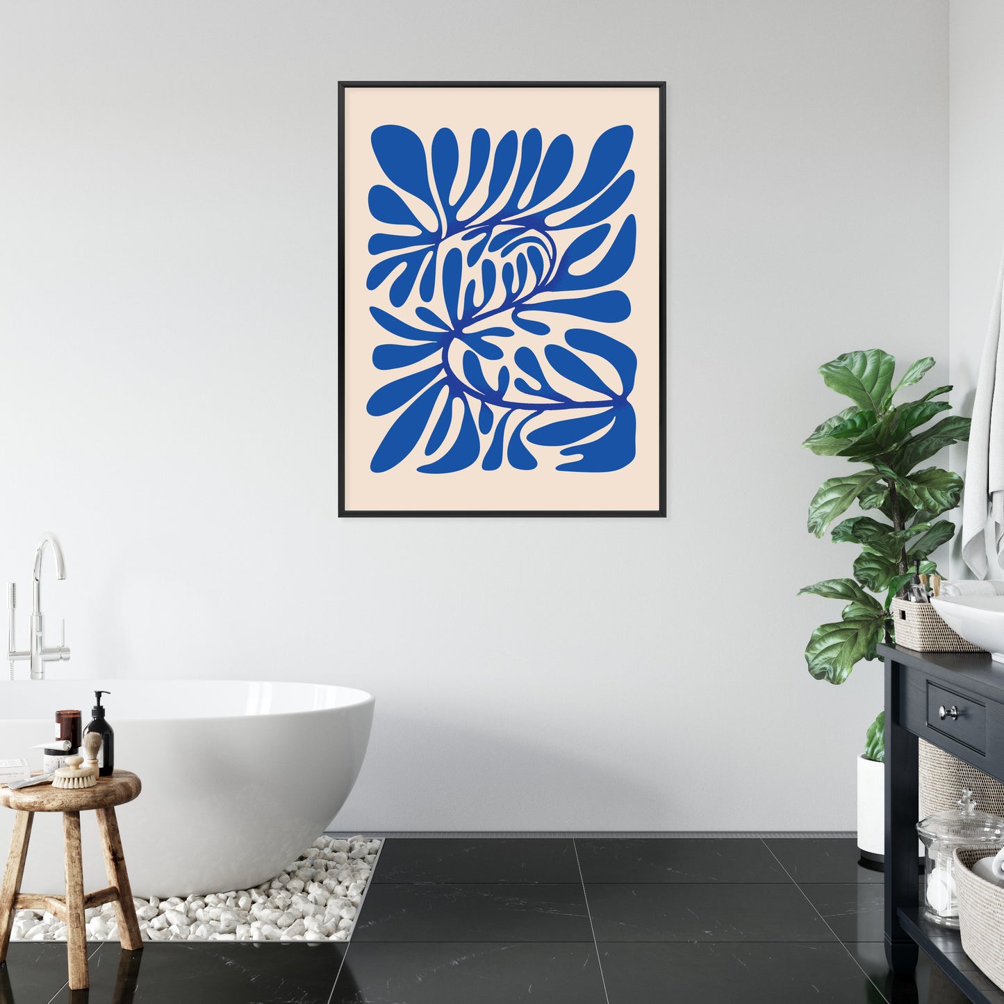 Poster Minimalistisches Blaues Pflanzenmuster Rahmen Holz Mit Passepartout Farbe Natürlich