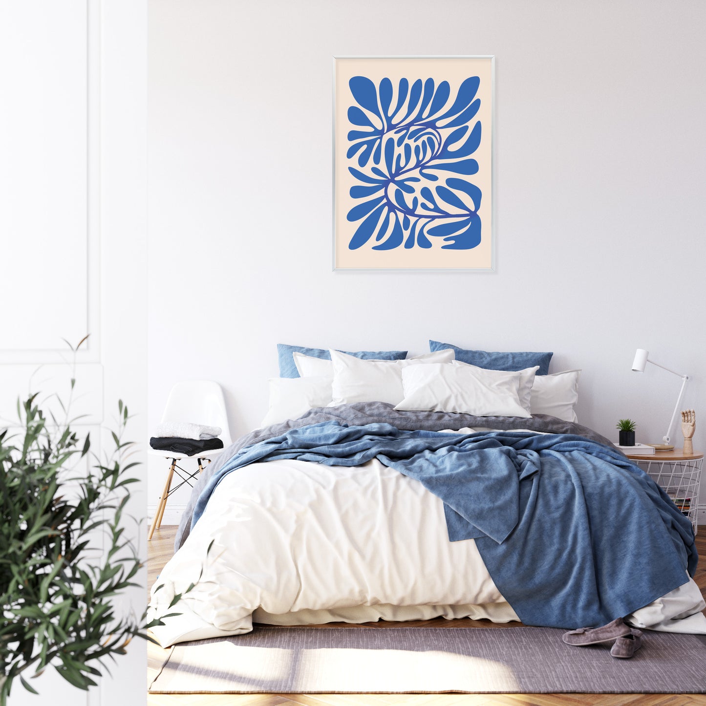 Poster Minimalistisches Blaues Pflanzenmuster Rahmen Holz Mit Passepartout Farbe Natürlich