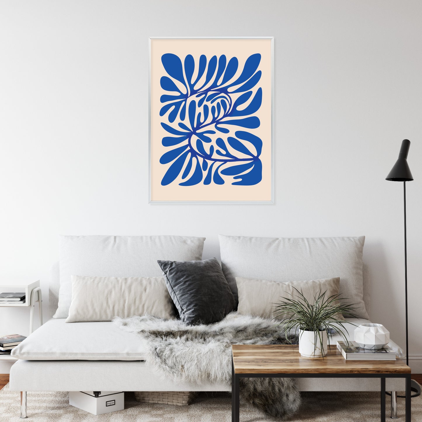 Poster Minimalistisches Blaues Pflanzenmuster Rahmen Holz Mit Passepartout Farbe Natürlich
