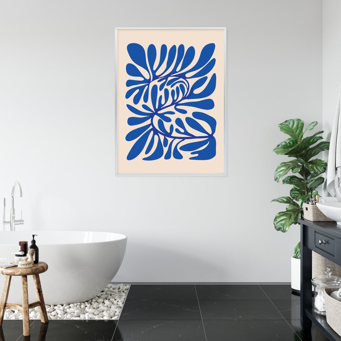 Poster Minimalistisches Blaues Pflanzenmuster Rahmen Holz Mit Passepartout Farbe Natürlich