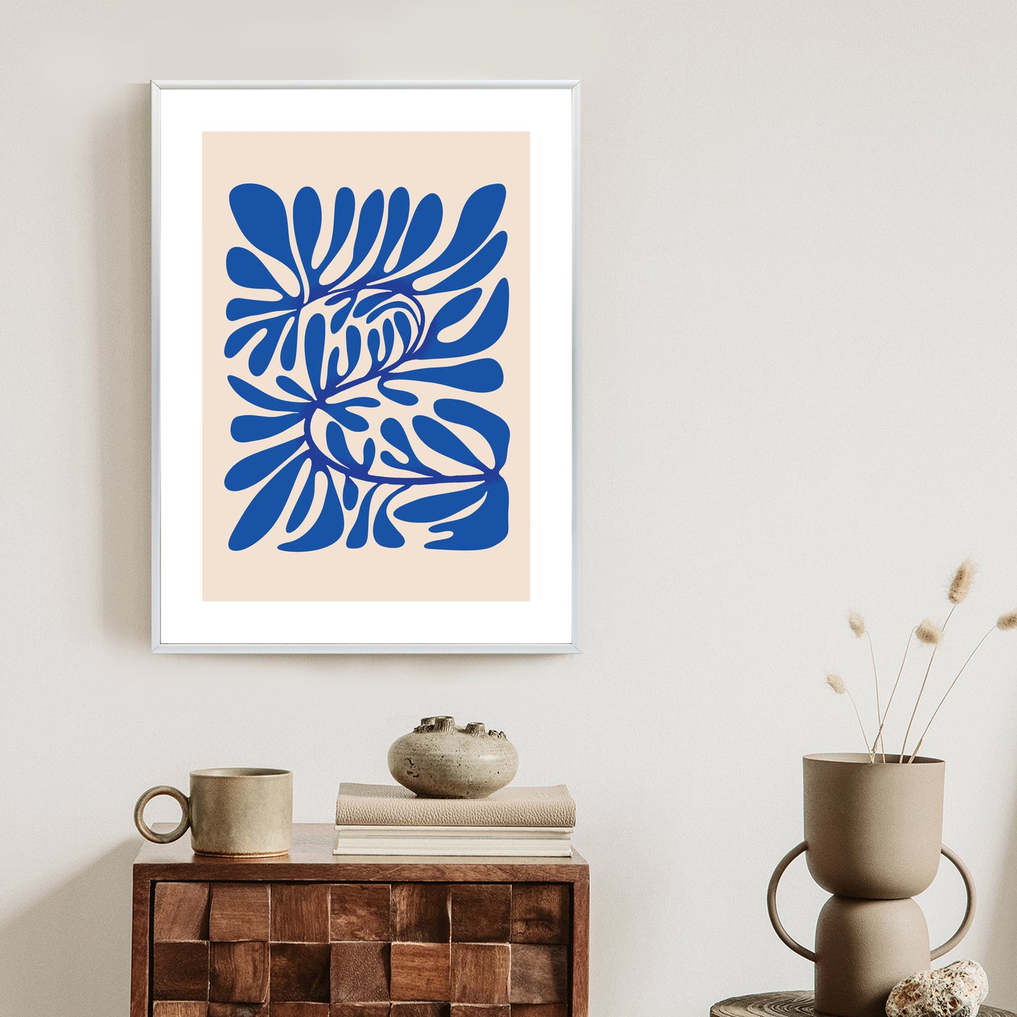 Poster Minimalistisches Blaues Pflanzenmuster Rahmen Holz Mit Passepartout Farbe Natürlich