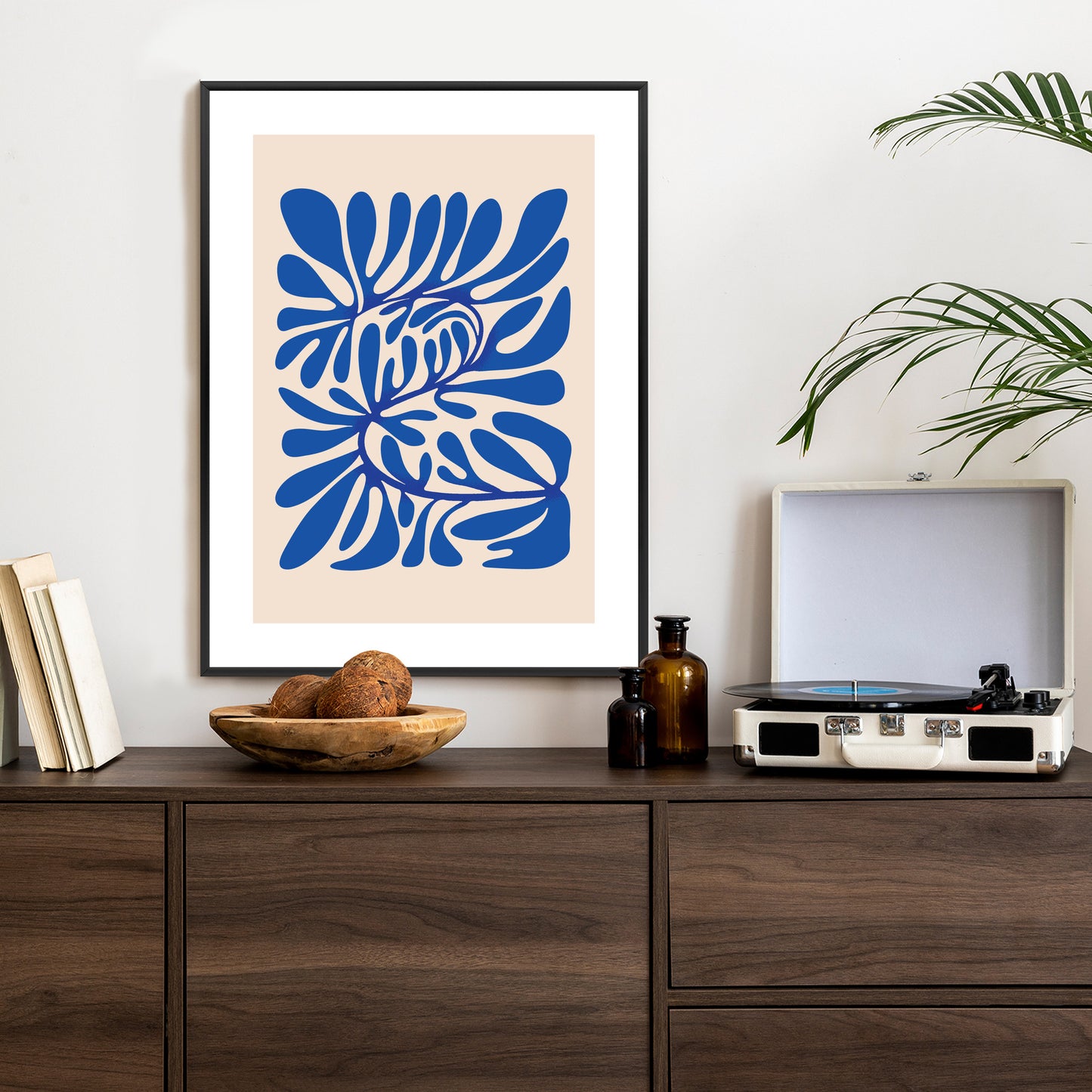 Poster Minimalistisches Blaues Pflanzenmuster Rahmen Holz Mit Passepartout Farbe Natürlich
