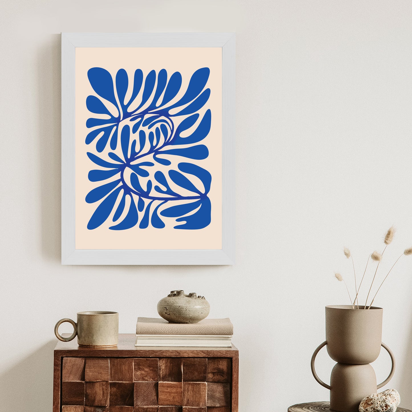 Poster Minimalistisches Blaues Pflanzenmuster Rahmen Holz Mit Passepartout Farbe Natürlich