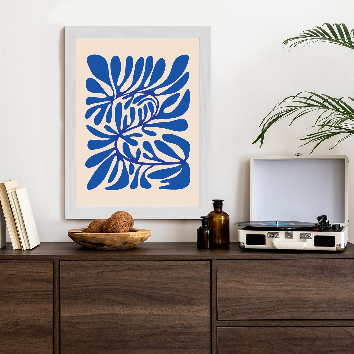 Poster Minimalistisches Blaues Pflanzenmuster Rahmen Holz Mit Passepartout Farbe Natürlich