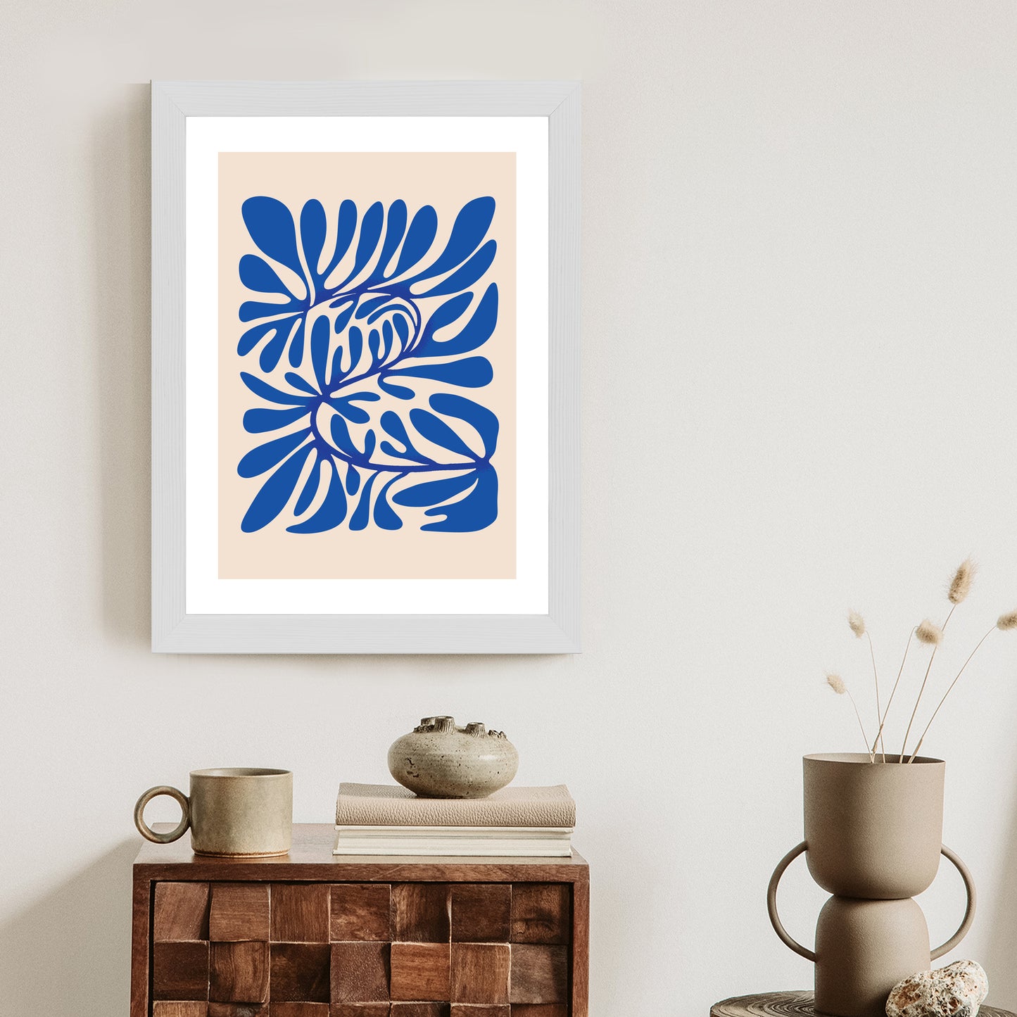 Poster Minimalistisches Blaues Pflanzenmuster Rahmen Holz Mit Passepartout Farbe Natürlich