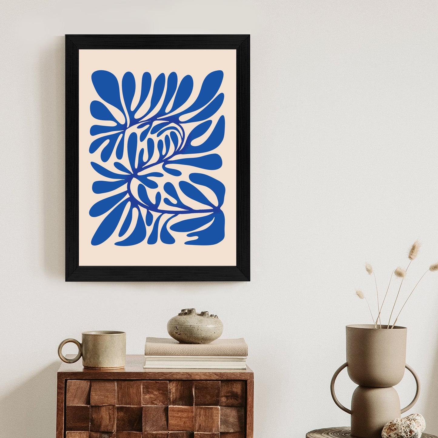 Poster Minimalistisches Blaues Pflanzenmuster Rahmen Holz Mit Passepartout Farbe Natürlich