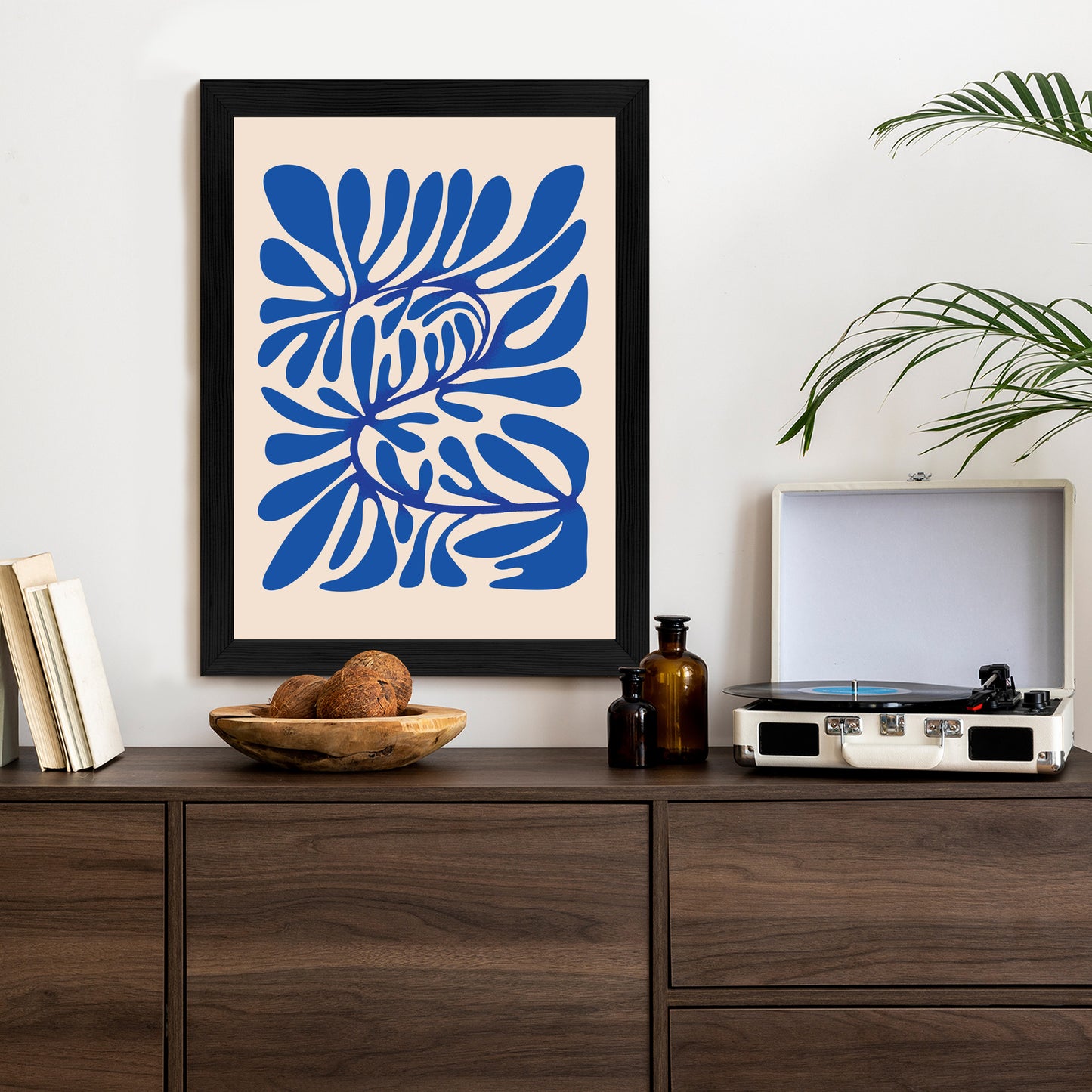 Poster Minimalistisches Blaues Pflanzenmuster Rahmen Holz Mit Passepartout Farbe Natürlich