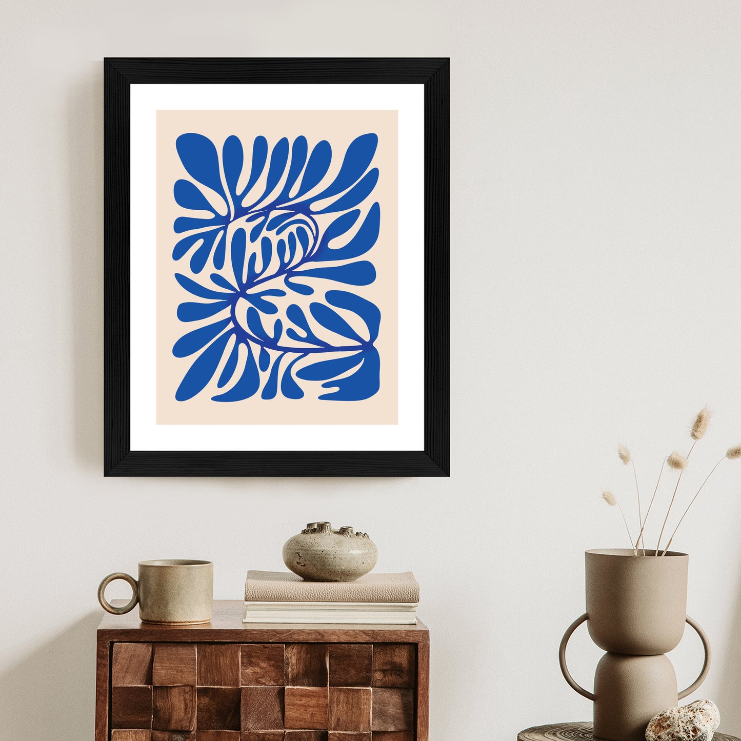 Poster Minimalistisches Blaues Pflanzenmuster Rahmen Holz Mit Passepartout Farbe Natürlich