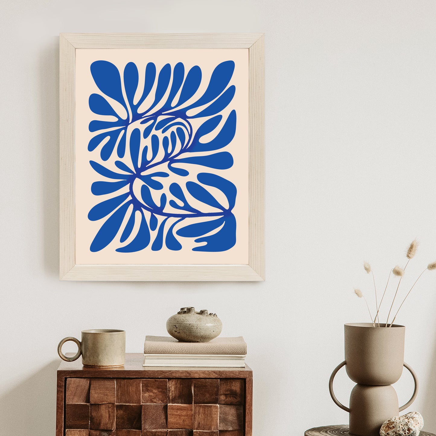 Poster Minimalistisches Blaues Pflanzenmuster Rahmen Holz Mit Passepartout Farbe Natürlich
