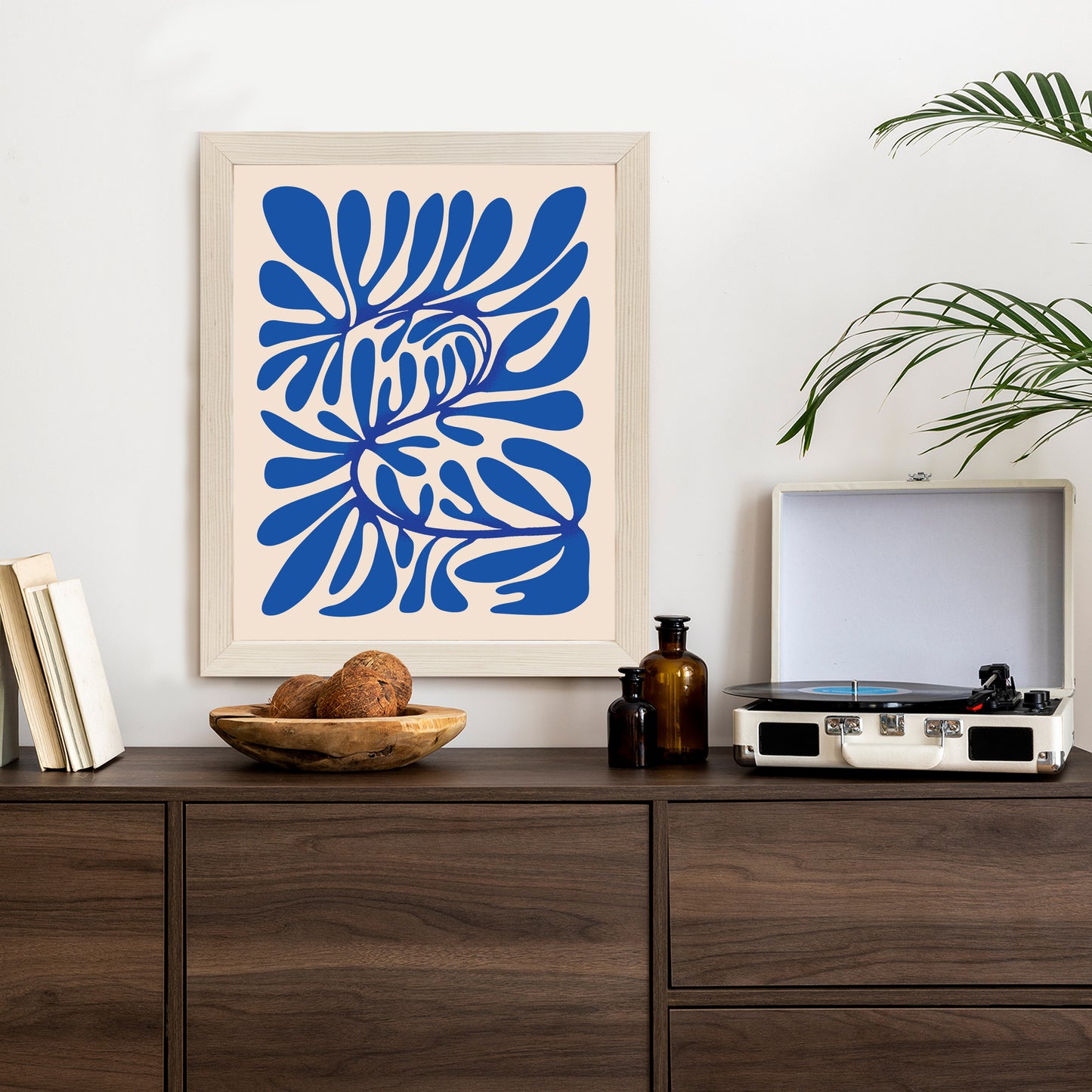 Poster Minimalistisches Blaues Pflanzenmuster Rahmen Holz Mit Passepartout Farbe Natürlich