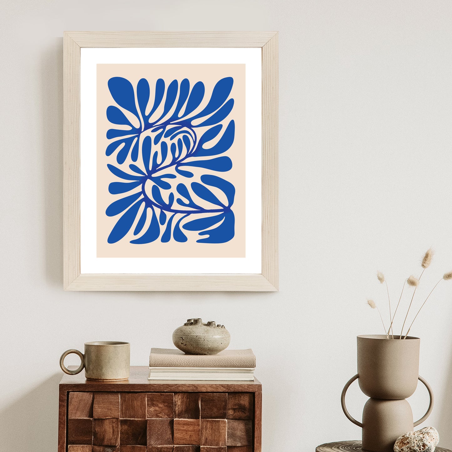 Poster Minimalistisches Blaues Pflanzenmuster Rahmen Holz Mit Passepartout Farbe Natürlich