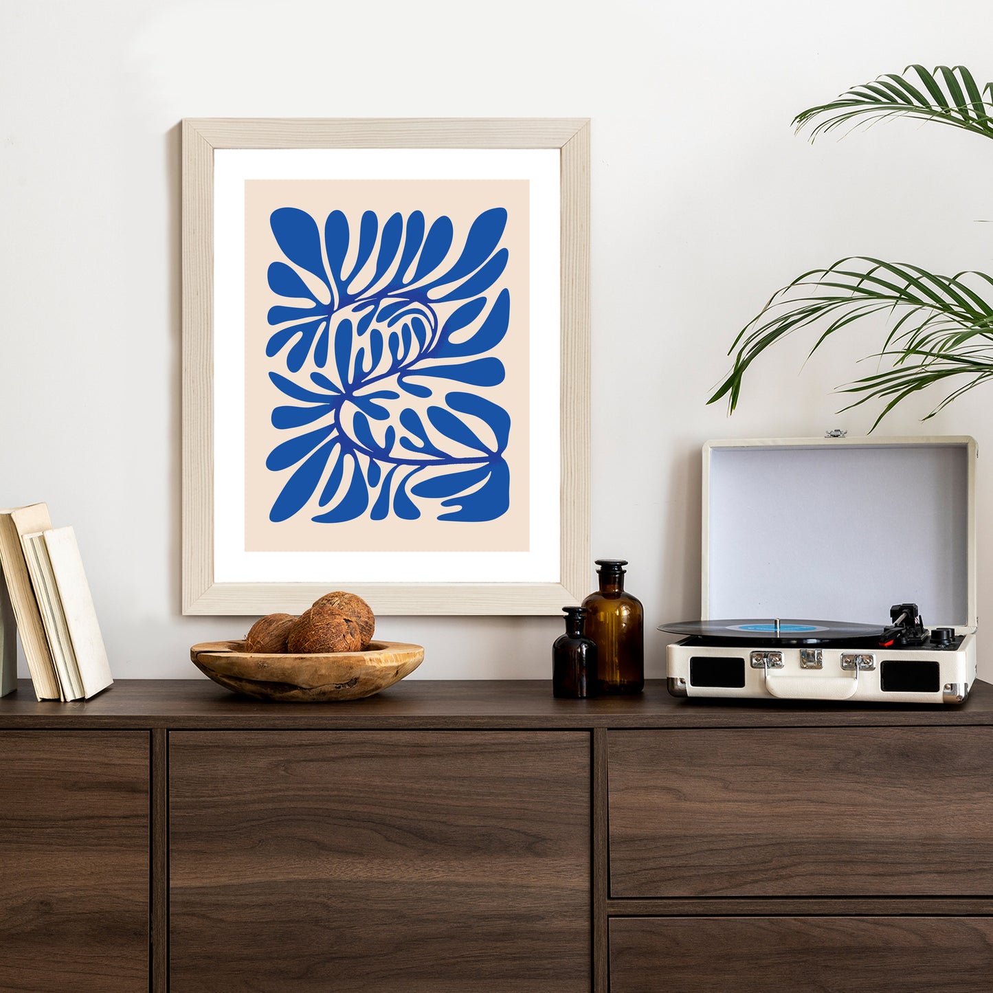 Poster Minimalistisches Blaues Pflanzenmuster Rahmen Holz Mit Passepartout Farbe Natürlich