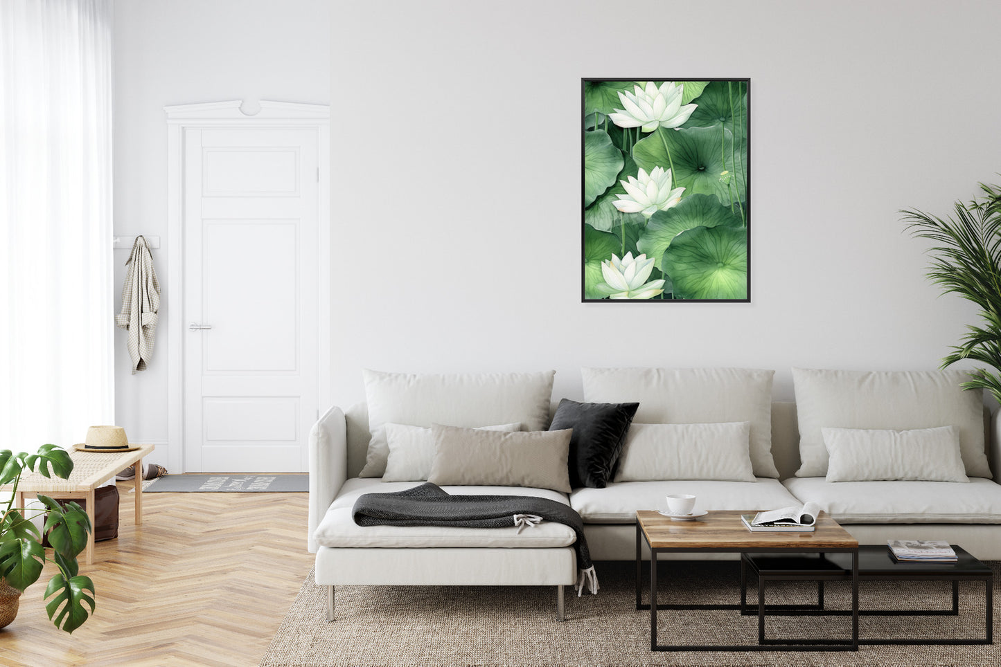 Poster Lotusblume Zwischen Grünen Blättern Rahmen Holz Mit Passepartout Farbe Natürlich