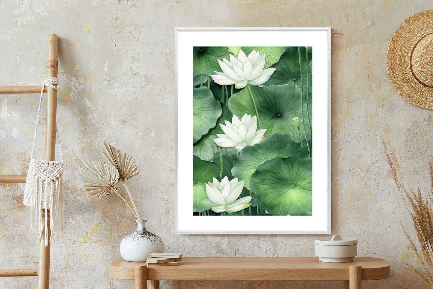 Poster Lotusblume Zwischen Grünen Blättern Rahmen Holz Mit Passepartout Farbe Natürlich