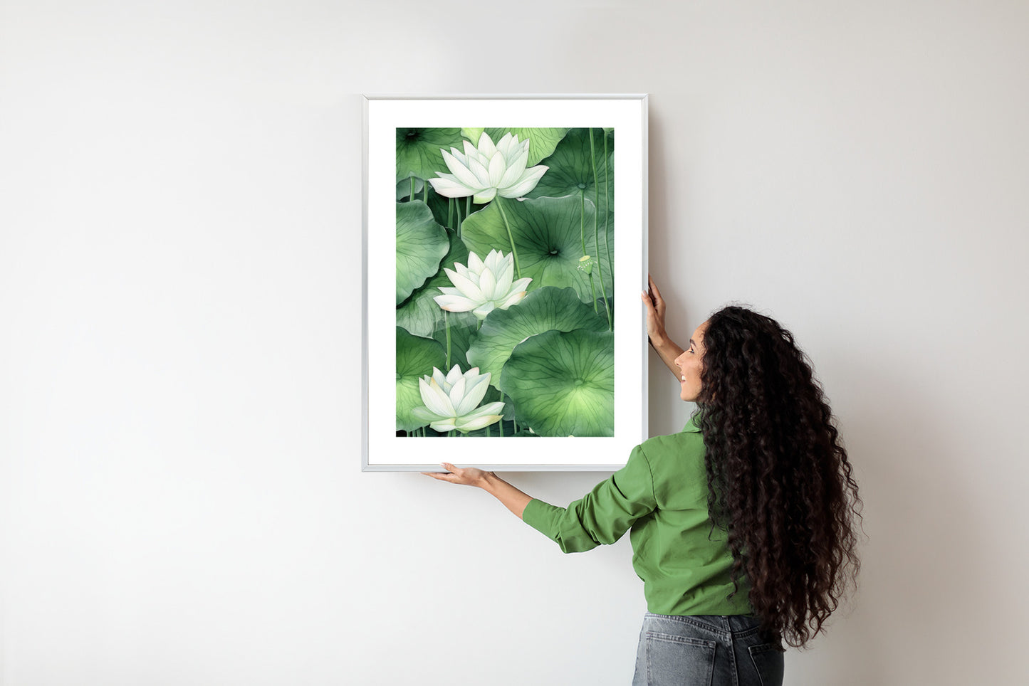 Poster Lotusblume Zwischen Grünen Blättern Rahmen Holz Mit Passepartout Farbe Natürlich