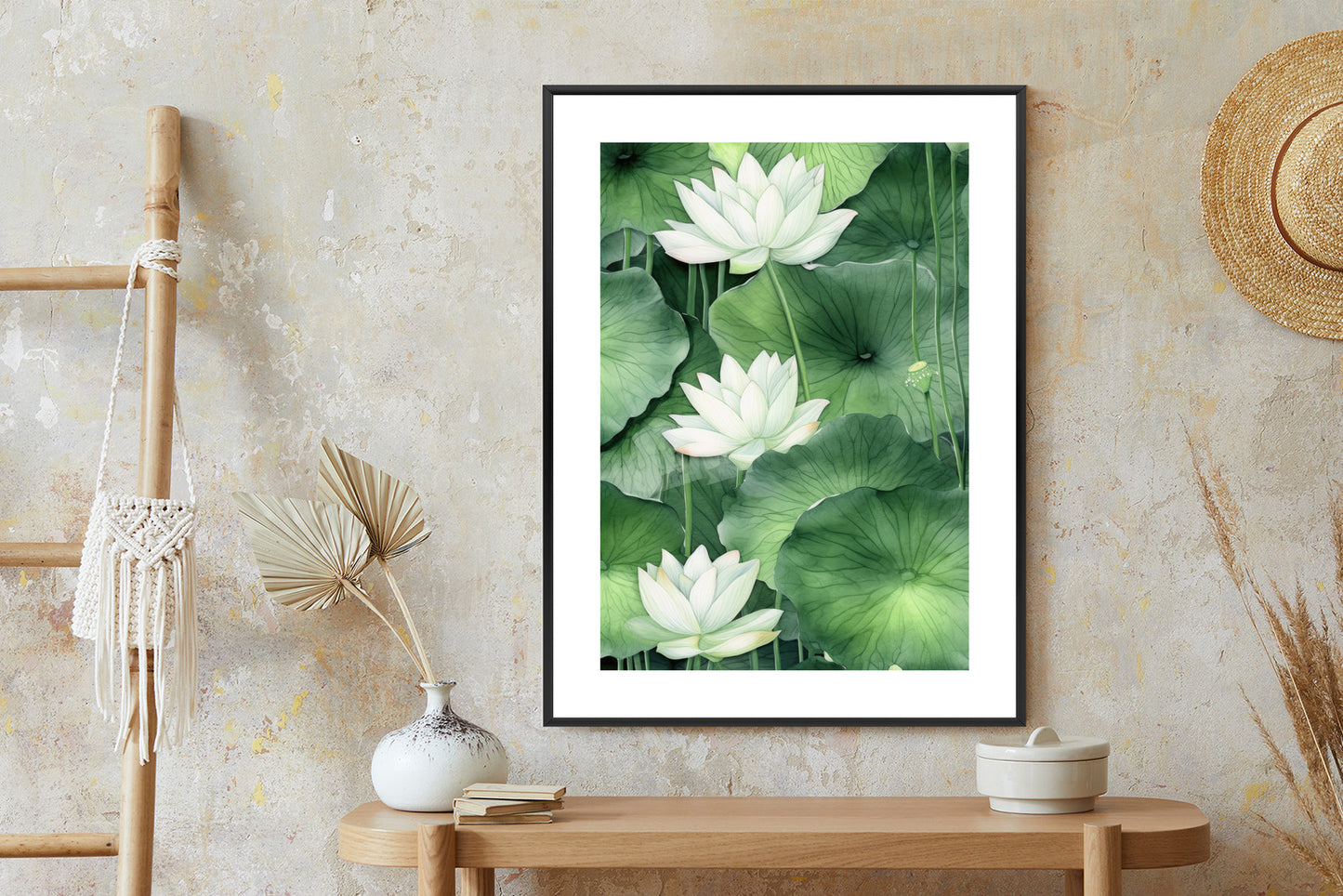 Poster Lotusblume Zwischen Grünen Blättern Rahmen Holz Mit Passepartout Farbe Natürlich